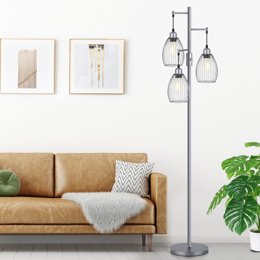 Torondo Dimmable Industrial Floor Lamps for Living Room, Gray Tree Standing Tall Lamps with 3 Elegant Teardrop Cage Head & 800 Lumens LED Bulbs for Bedroom Office