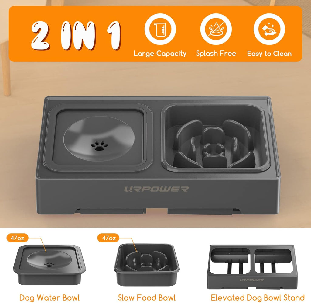 URPOWER 2-in-1 Elevated Slow Feeder Dog Bowls with No-Spill Water Bowl, 4 Height-Adjustable Raised Dog Bowls, Non-Slip Food and Water Bowls with Stand for Small, Medium, Large Dogs, Cats and Pets