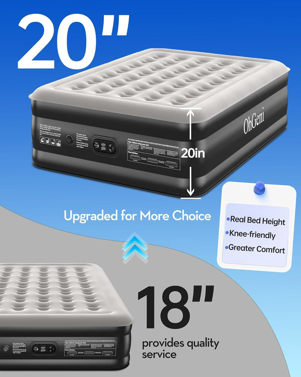 OhGeni 20" Queen Air Mattress (1-Pack) with Built in Pump, Inflatable Blow Up Bed, Upgraded Air Column Support for Enhanced Stability, Raised Height for Easy Entry & Exit, 650 lbs Capacity