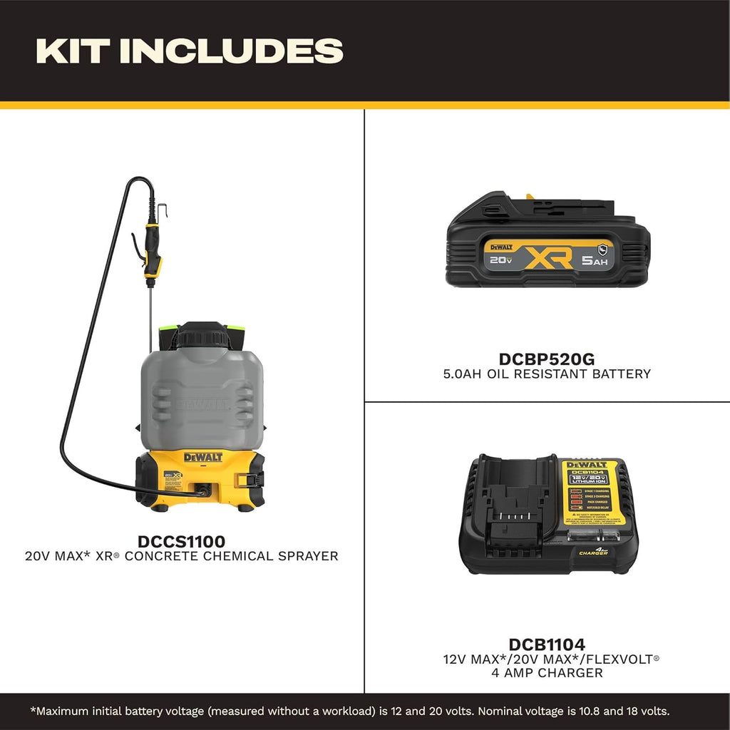DEWALT 20V MAX XR High Capacity Concrete Chemical Sprayer Kit with Oil-Resistant 5Ah Powerstack Battery and Charger (DCCS1100GH1)
