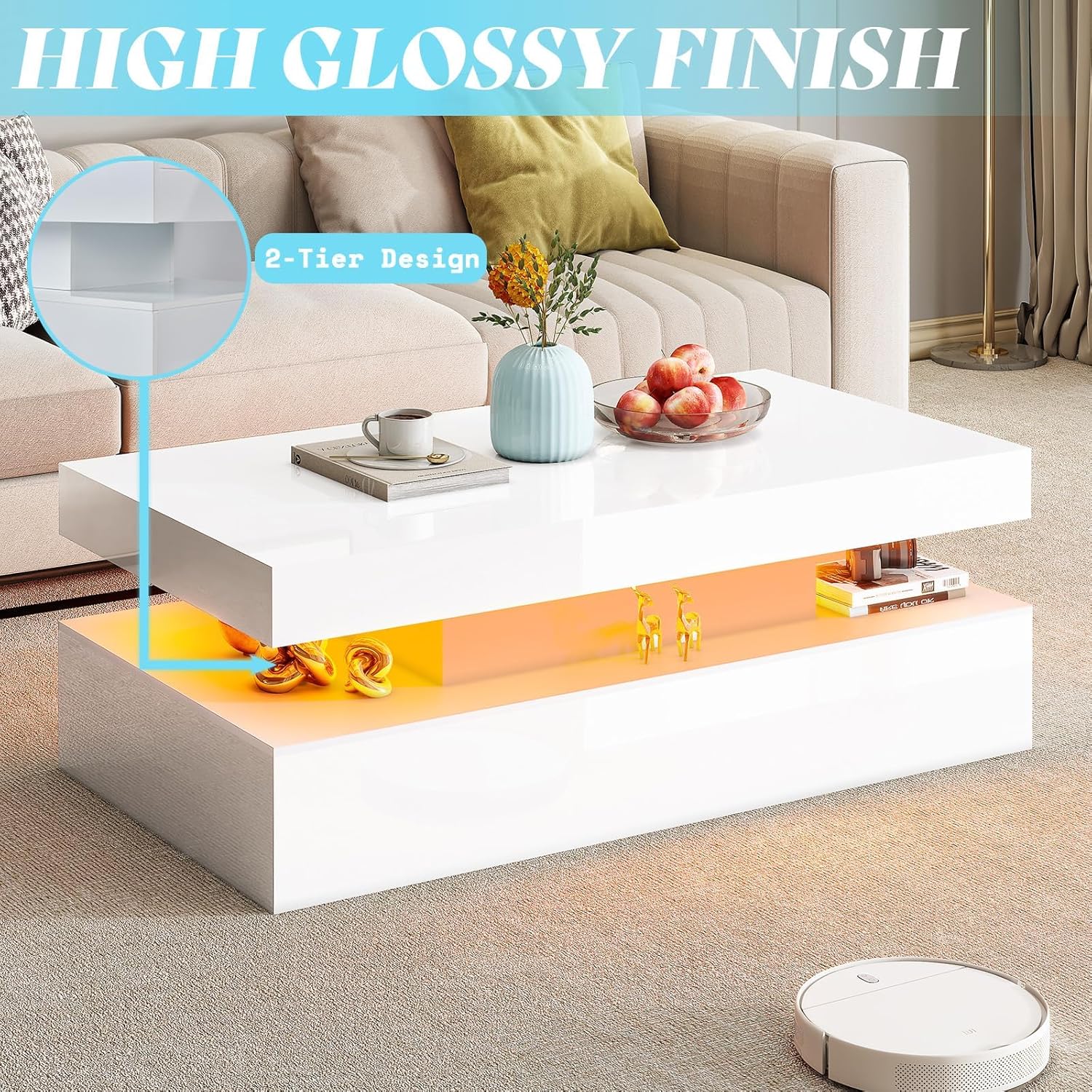 AMERLIFE High Gloss 3 Pieces Living Room Table Set, Modern LED Coffee Table Sets of 3, 2-Tier Center Table with 2 End Side Tables, LED Lights Bedside Table Nightstands with Charging Station, White