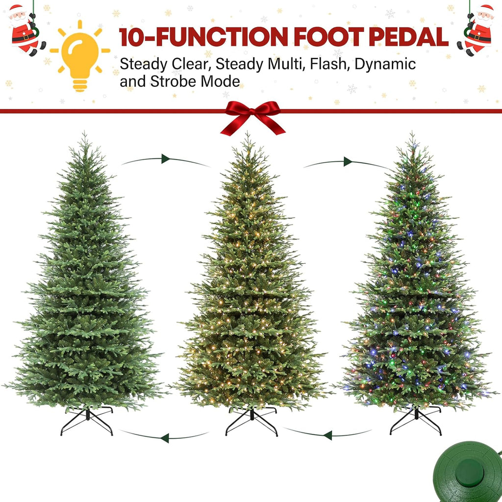 9 ft Lighted Artificial Christmas Tree, 600 Color Changing LED Lights, 5149 PE&PVC Mixed Branch Tips, Metal Base and Hinged Branches for Party, Home, Holiday, 10 Modes