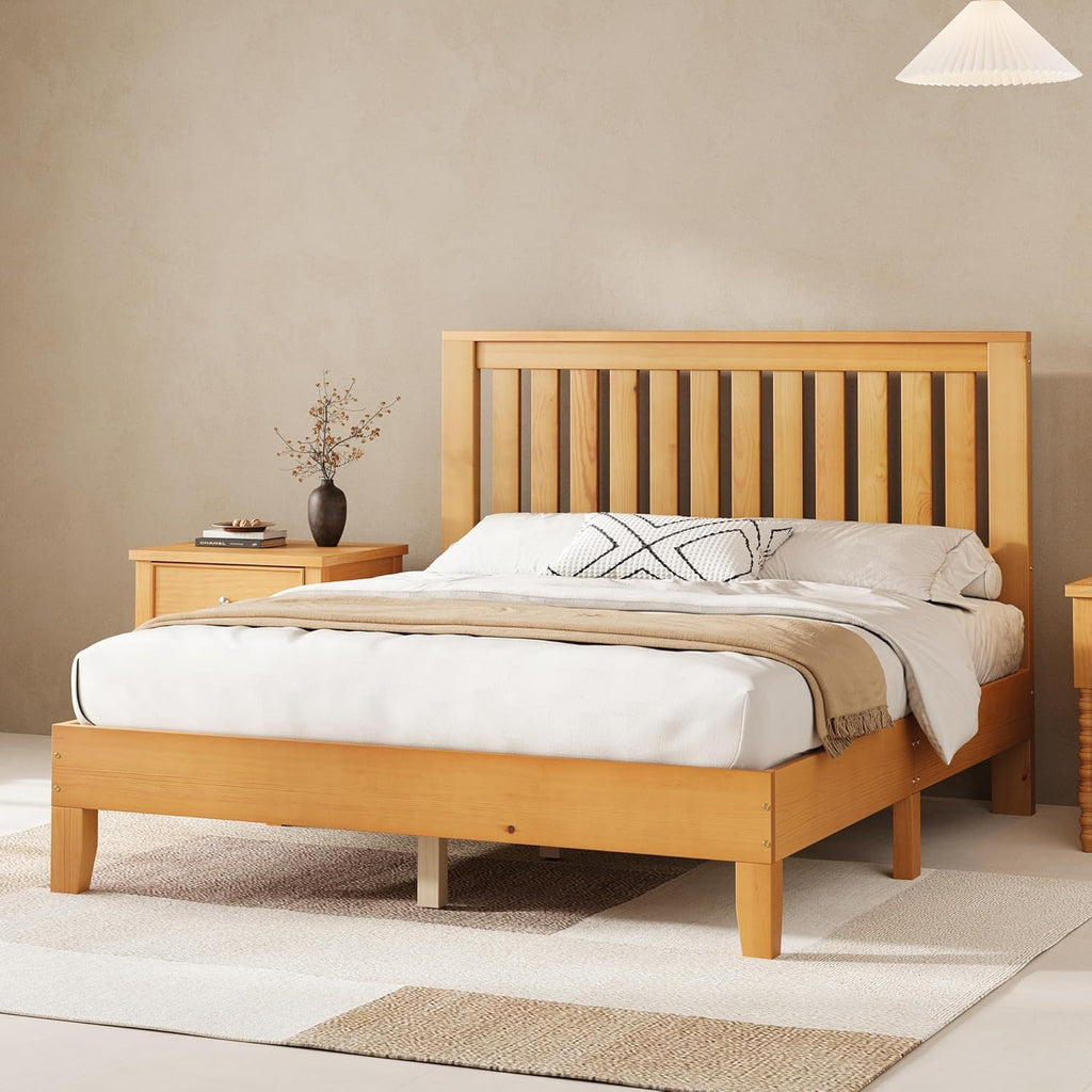 AMERLIFE Full Bed Frame, Solid Wood Platform Bed with Vertical Slats Headboard, Wooden Bedframe Full-Size, Sturdy Wooden Slats Support, No Box Spring Needed, Noise Free, Light Wood
