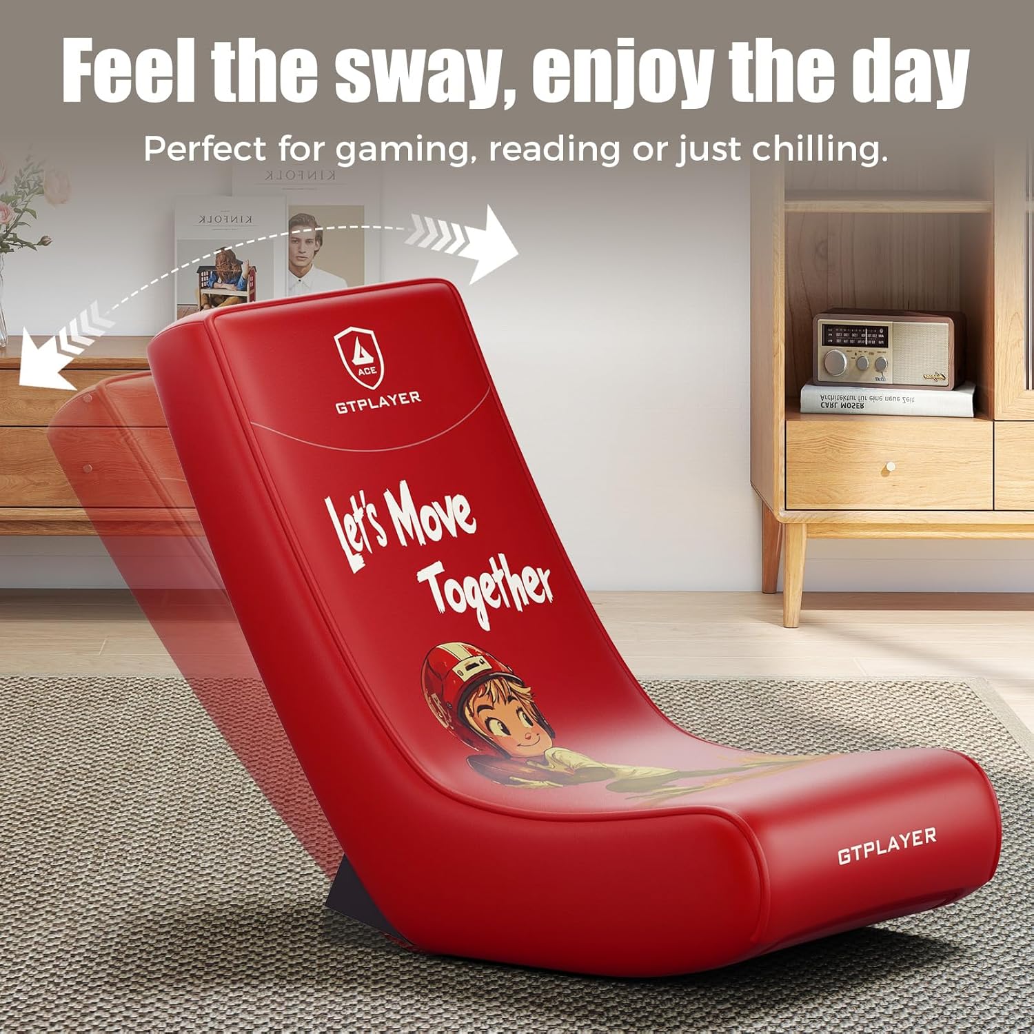 GTPLAYER Gaming Floor Rocking Chair – Rocker Floor Game Chair with Angle Limiter, Stylish Patterned Design, Comfortable Video Game Seat, Red Football Pattern