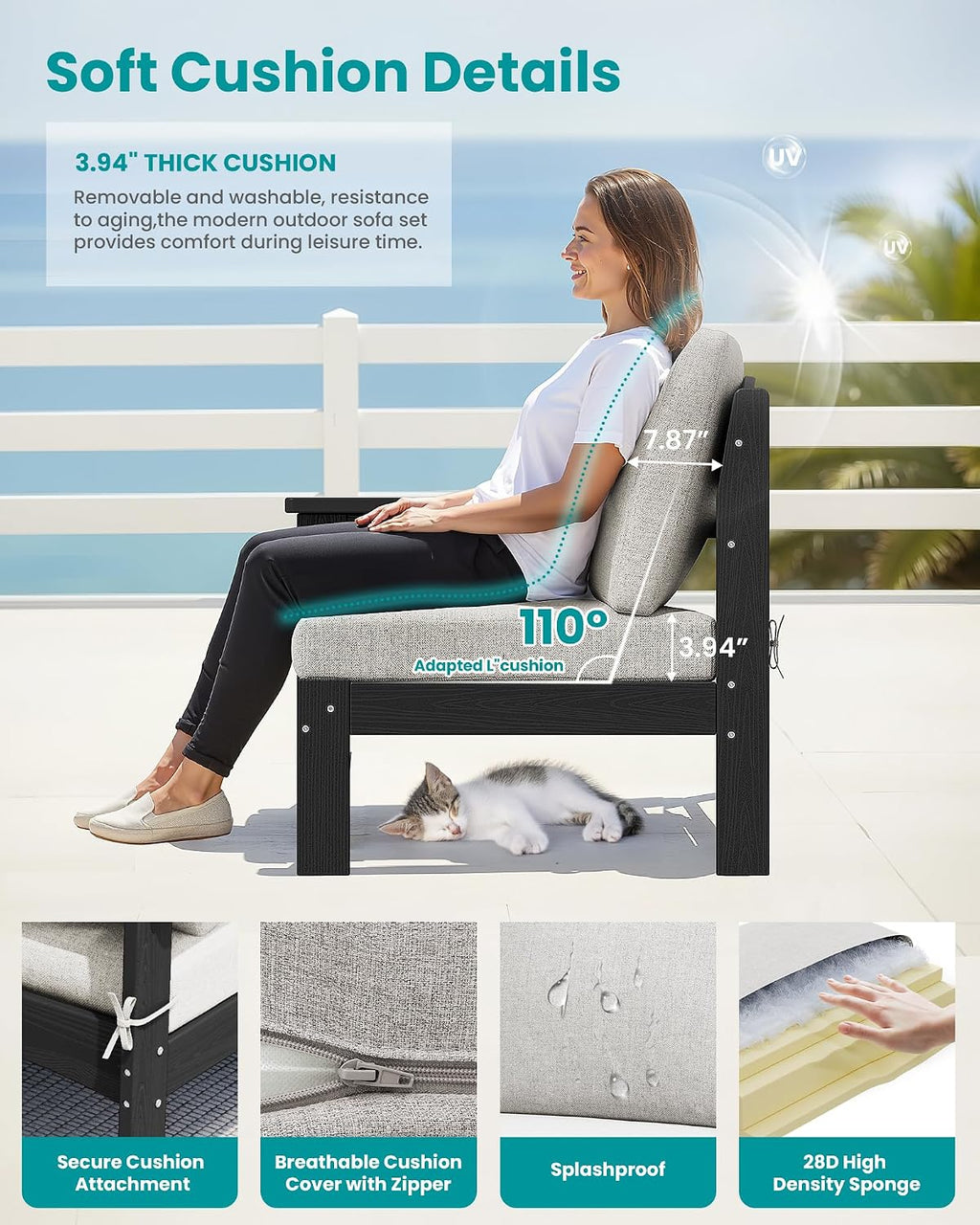SERWALL 2 Pieces Patio Conversation Set, All-Weather HDPE Outdoor Sofa with Removable Cushions and Ottoman, Modular Design Converts to Chaise Lounge, Porch, Poolside, Black Frame with Khaki Cushion