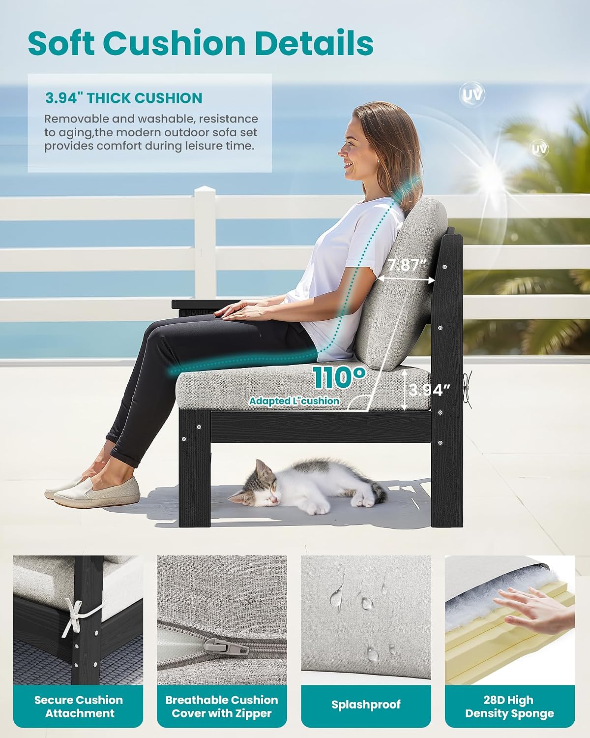 SERWALL 2 Pieces Patio Conversation Set, All-Weather HDPE Outdoor Sofa with Removable Cushions and Ottoman, Modular Design Converts to Chaise Lounge, Porch, Poolside, Black Frame with Khaki Cushion