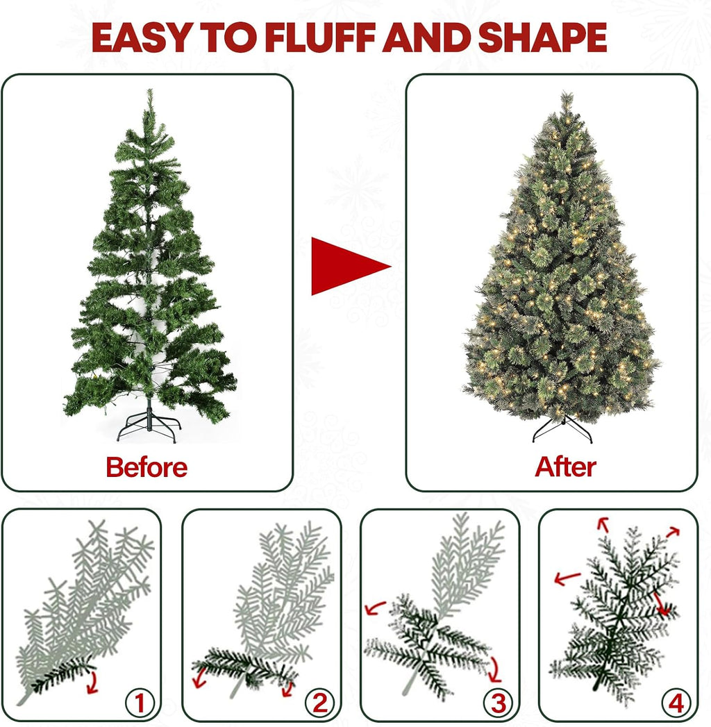6 ft Prelighted Pine Christmas Tree, 350 Warm White LED Lights, Artificial Christmas Tree with 1016 PVC Branch Tips, Premium Stand, Easy Assembly for Indoor Holiday Decorating