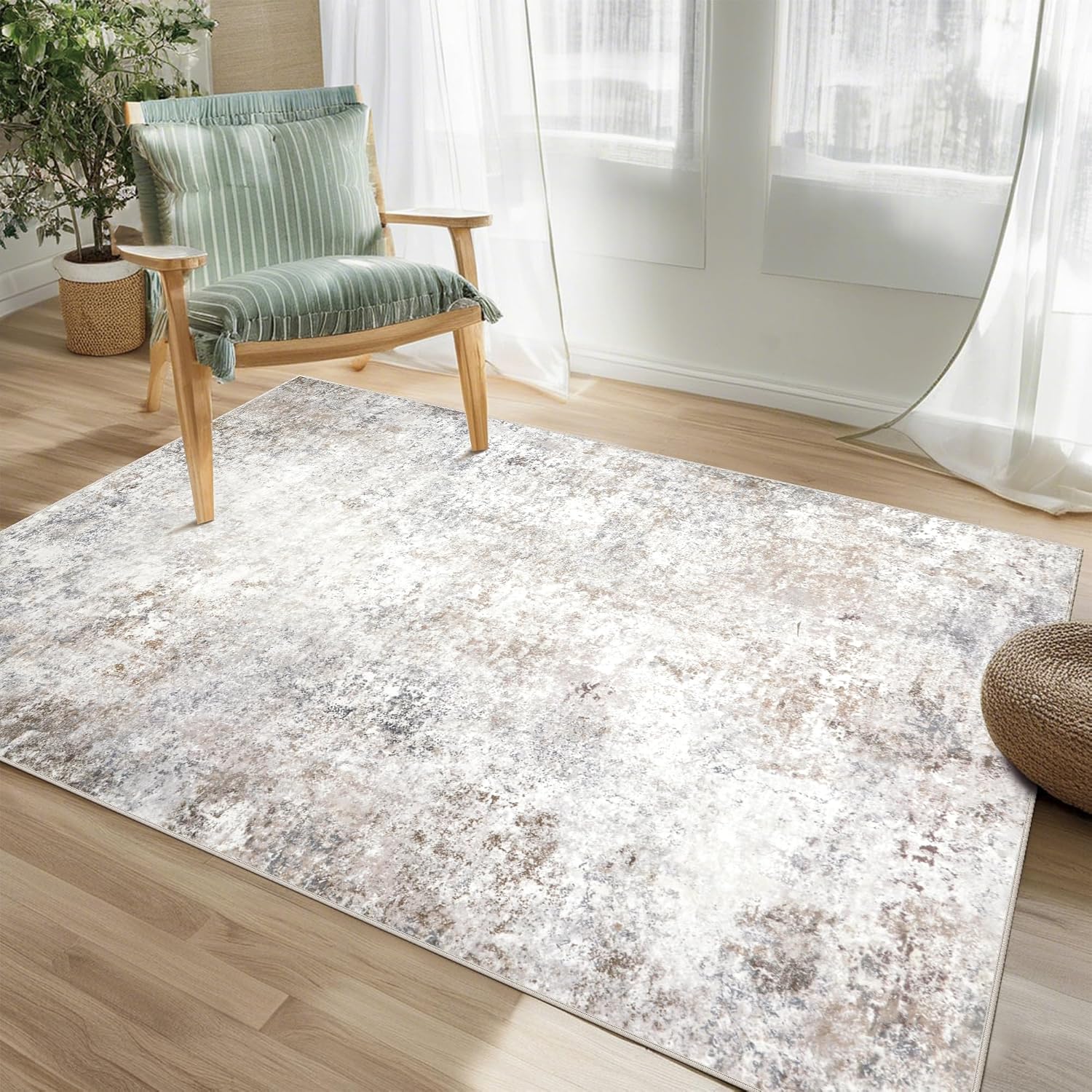 Srugn Washable Rugs 5x7 Area Rugs for Living Room,Bedroom,Dining Room- Ultra Soft Faux Wool Nursery Rug for Baby Girl,Neutral Light Pink Low Pile Vintage Carpets for Dorm Kids Playroom,Non Slip