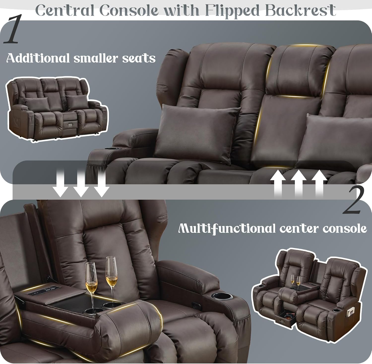 URRED Loveseat Recliner Sofa, Manual Reclining Loveseat Sofa with Flip-Down Console, Home Theater RV Recliner Couch with Cup Holders and Storage for Living Room (Brown)