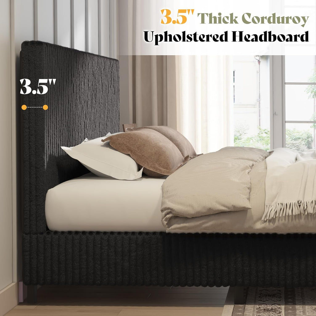 AMERLIFE Full Bed Frame, Upholstered Metal Platform Bed with Vertical Channel Tufted Headboard, Soft Fabric & Strong Metal Slats, Noise-Free/Easy Assembly, Black Full Upholstered Bed and Headboard