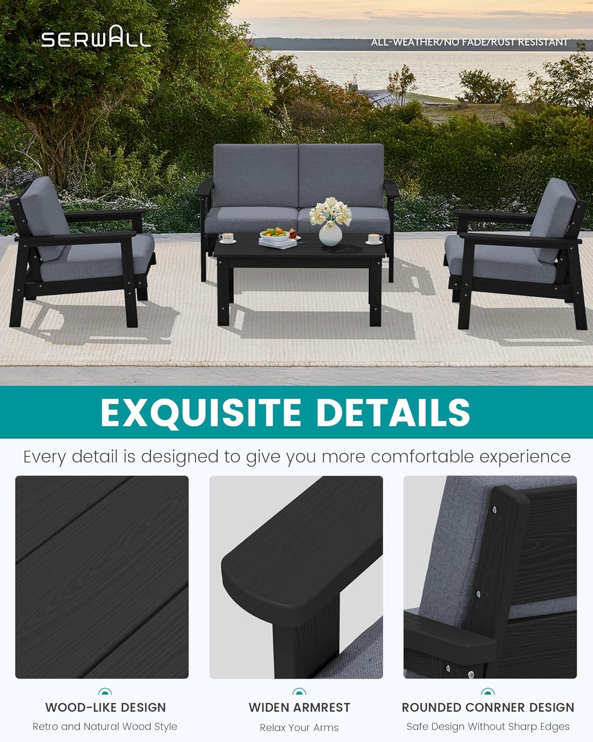 SERWALL 4 Piece HDPE Outdoor Furniture Set, All Weather Wood-Like Outdoor Sofa Sectional Couch, Black Patio Furniture Set with Grey Cushions
