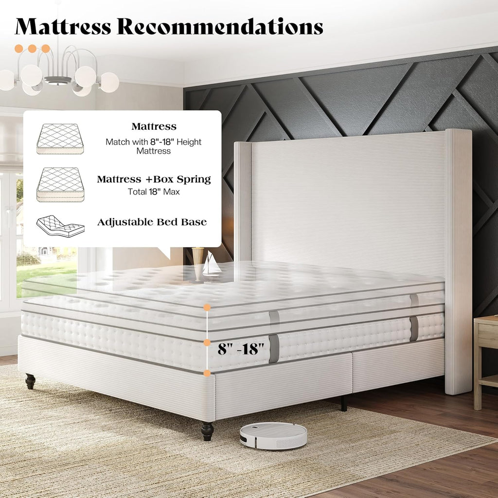 AMERLIFE King Size Bed Frame with 65" Tall Headboard, Upholstered Corduroy Bed Frame with Wingback, Platform Bed with Solid Wood Gourd Legs, Solid Slats, No Box Spring Needed, White