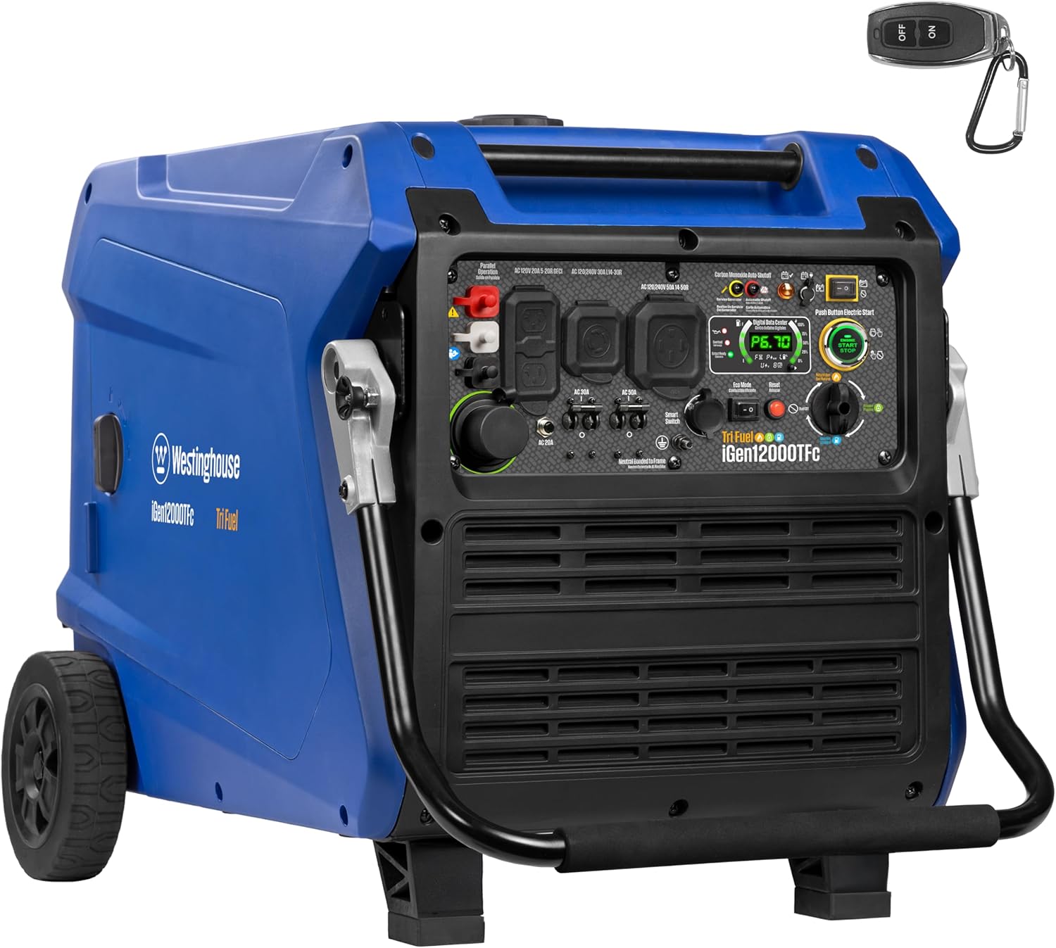 Westinghouse 12000 Peak Watt Tri-Fuel Portable Inverter Generator, Remote Start, Transfer Switch Ready, Gas/Propane/Natural Gas Powered, Low THD, Safe for Electronics, Parallel Capable, CO Sensor