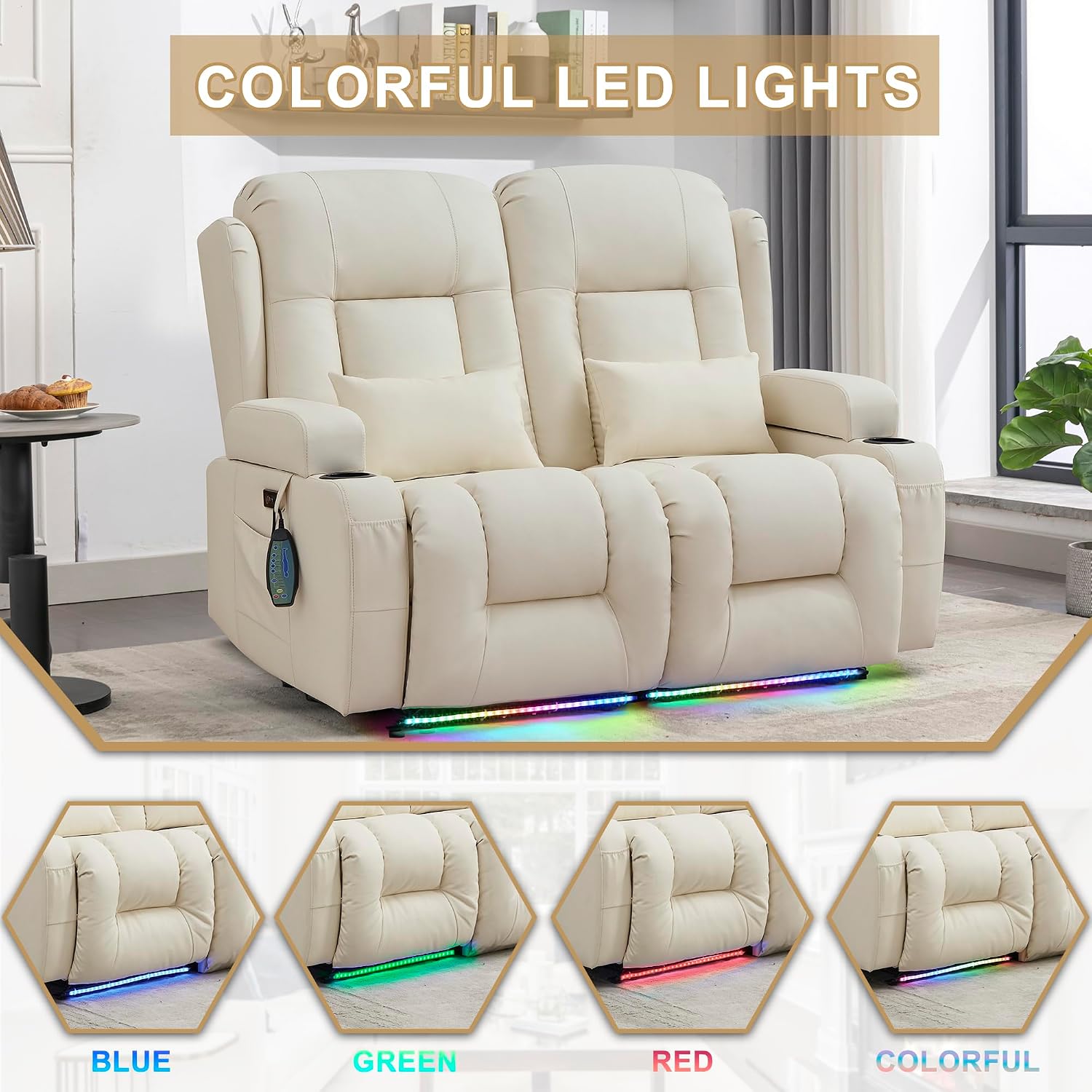 URRED Power Loveseat Recliner Sofa with Massage and Heat, Wall Hugger Reclining Loveseat, RV Couch Home Theater Seating with LED Lights for Living Room (Irovy, 54" - 2 Seats)