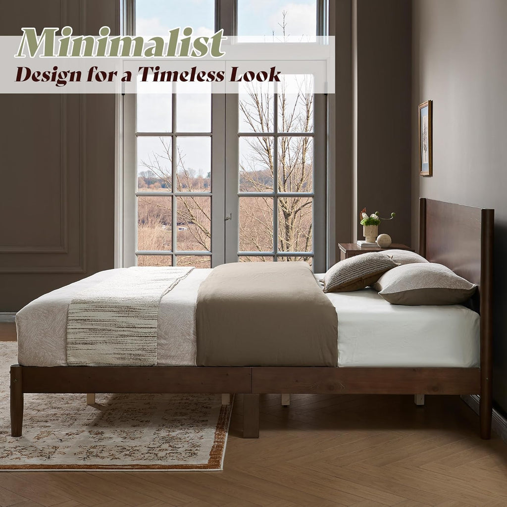 AMERLIFE Solid Wood Queen Bed Frame, Mid Century Modern Platform Bed with Full Panel Headboard, Wooden Bed with Cylindrical Legs, No Box Spring Needed & Noise-Free, Under-Bed Storage, Dark Walnut