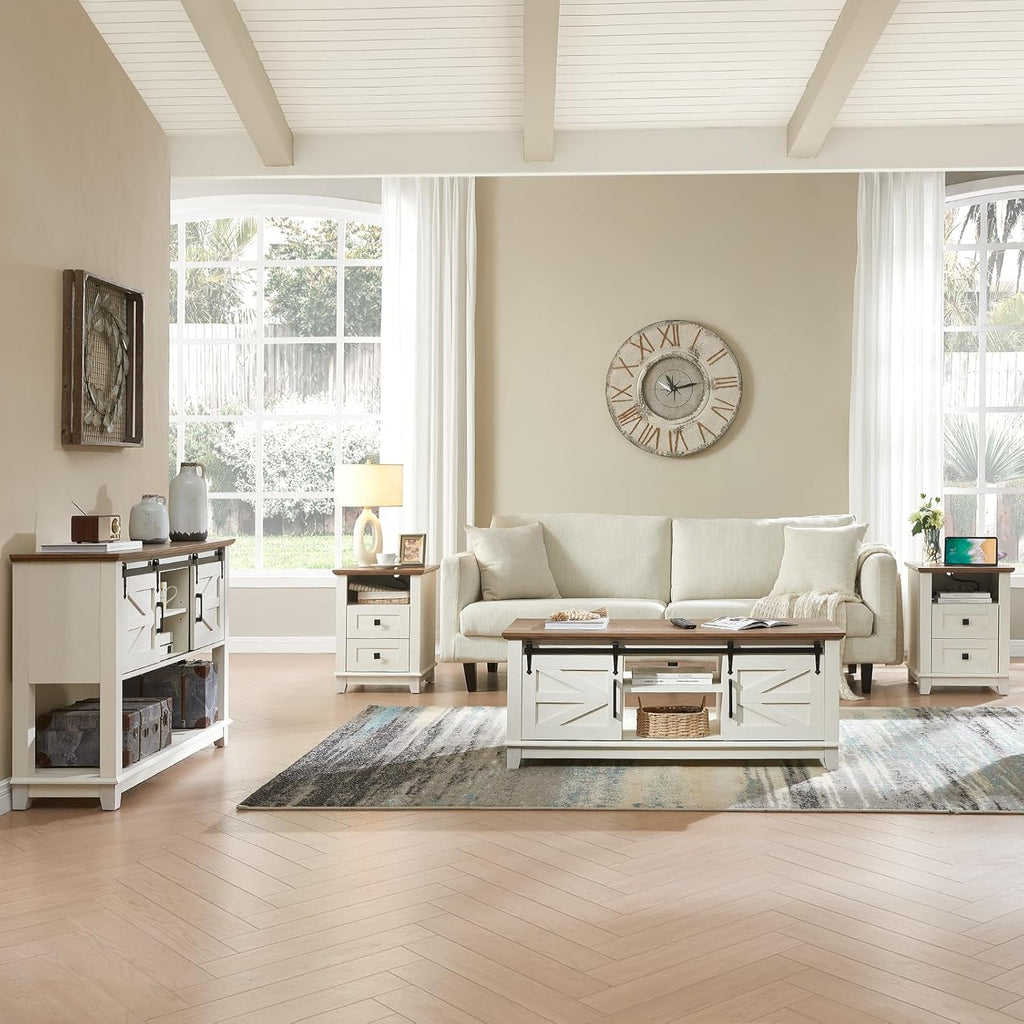 AMERLIFE Farmhouse 4-Piece Living Room Set, Entryway Console with Adjustable Shelves, Pair of 18" End Tables with Charging Station, Large Rectangular Coffee Table with Sliding Barn Doors, Rustic White