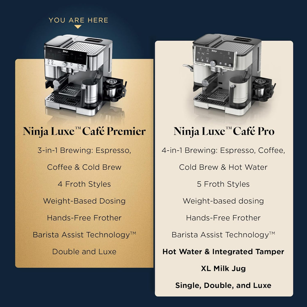 Ninja Luxe Café Premier 3-in-1 Espresso Machine, Drip Coffee, & Rapid Cold Brew | Built-in Coffee Grinder, Hands-Free Milk Frother, Assisted Tamper for Cappuccinos & Lattes | Stainless Steel | ES601