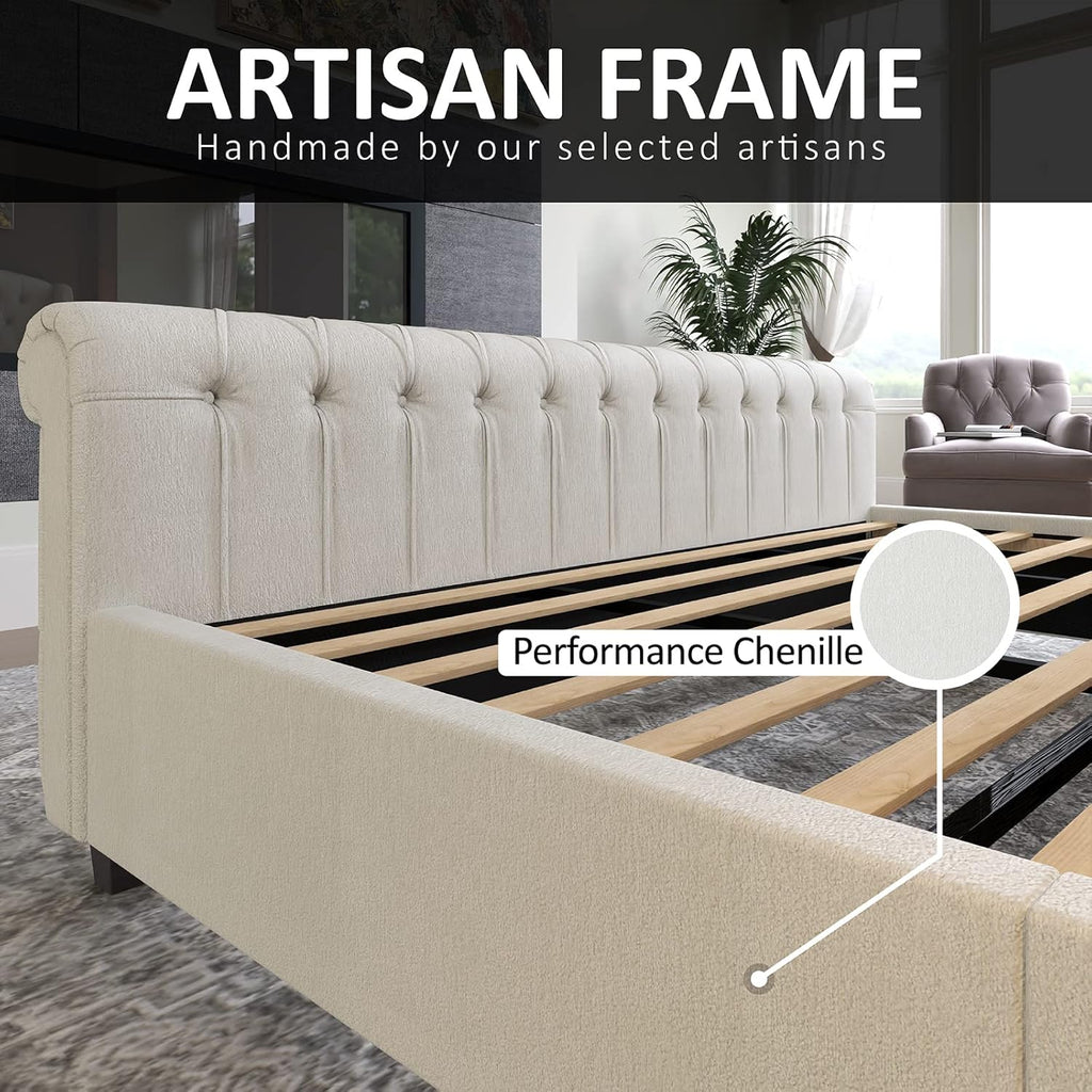 AMERLIFE Queen Size Platform Bed Frame, Chenille Upholstered Sleigh Bed with Scroll Wingback Headboard & Footboard/Button Tufted/No Box Spring Required/Cream