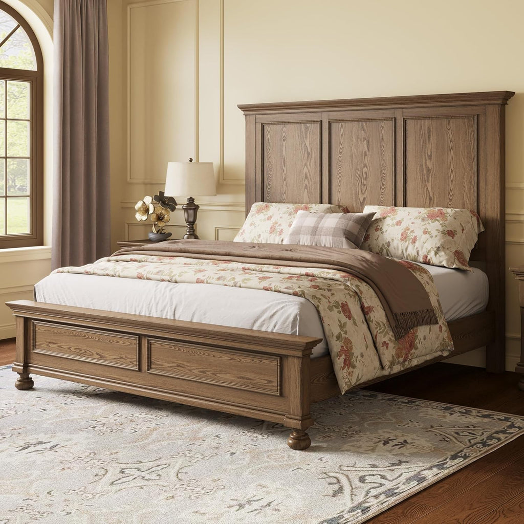 AMERLIFE Solid Wood King Bed Frame with 65.2" High Headboard, Traditional Platform Bed with Heavy Duty Slats, No Box Spring Needed, Easy Assembly, Light Brown
