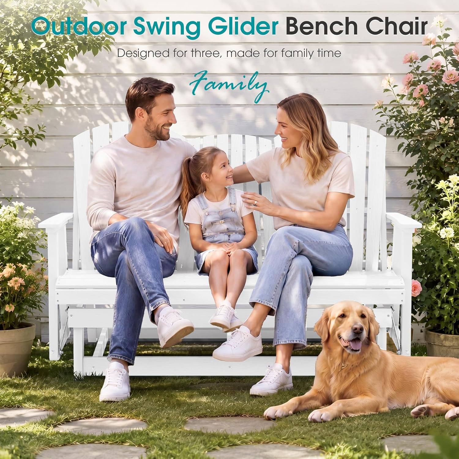 SERWALL 3 Person Outdoor Glider Bench with Cup Holder and iPad Placement,Oversized 66" HDPE Patio Glider Bench, All Weather Patio Glider Chair for Garden,Park,Yard,Front Porch,White