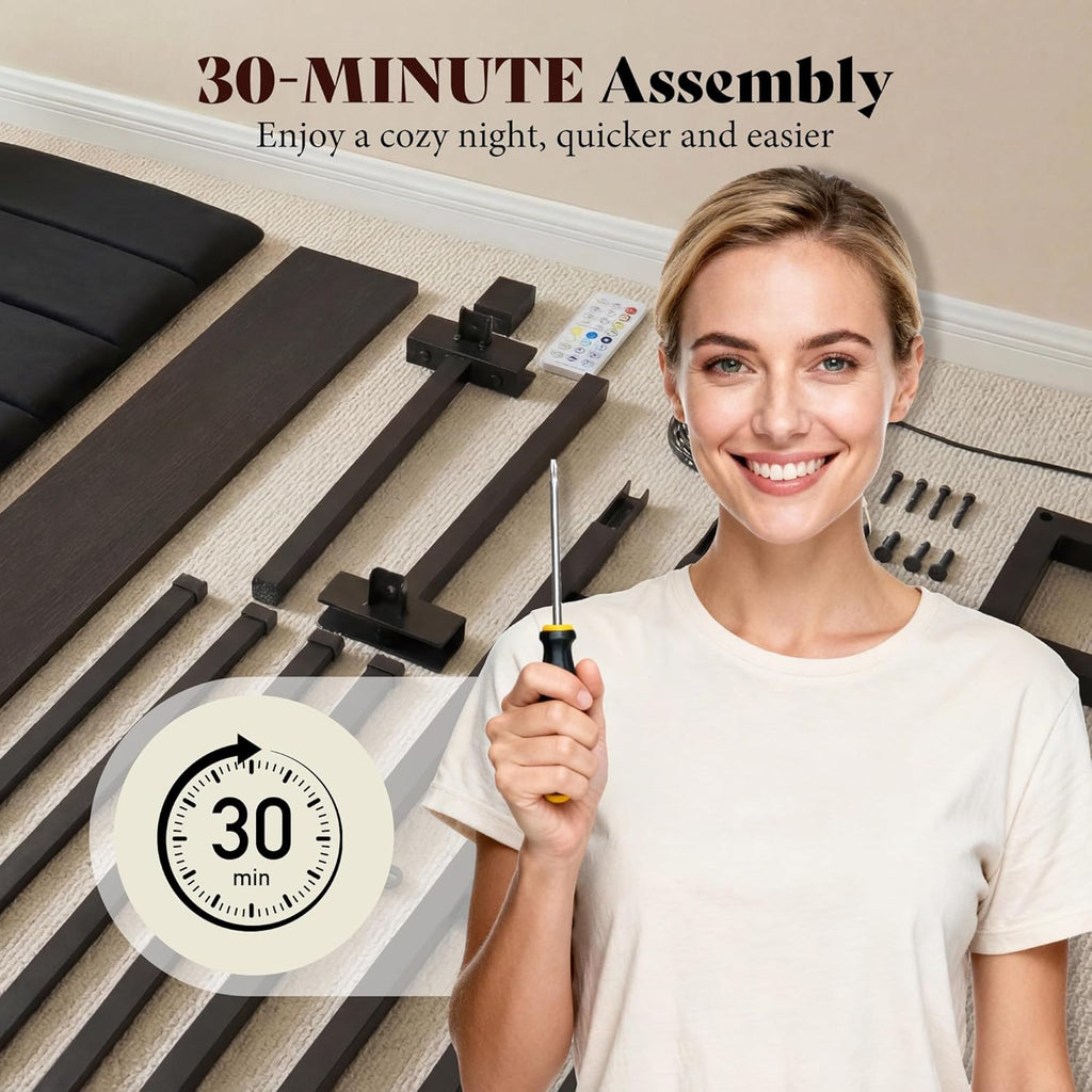 AMERLIFE Queen Bed Frame with LED Light and 2 Storage Drawers, Metal Platform Bed with Storage Headboard, Velvet Upholstered, Heavy-Duty Slats, No Box Spring Needed, Easy Assembly, Black