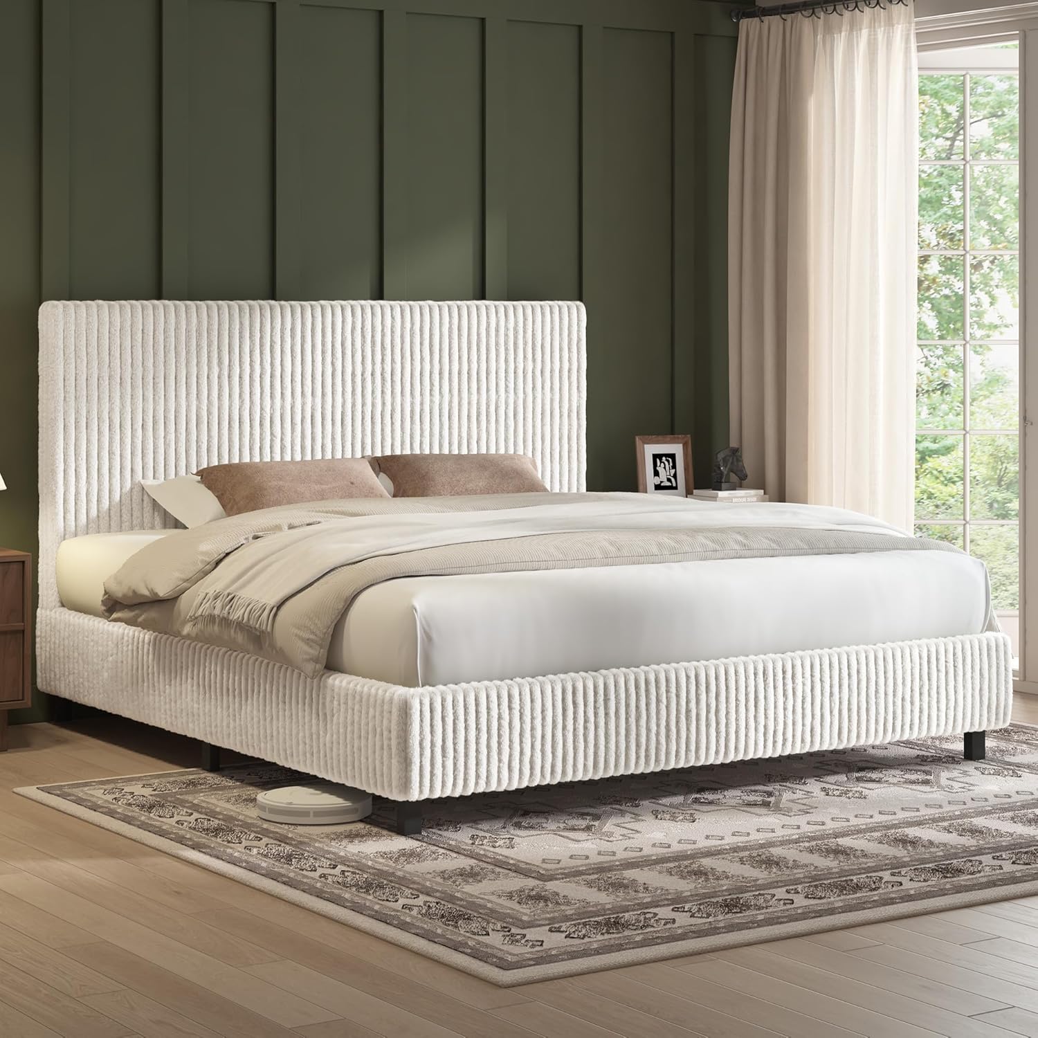 AMERLIFE Full Bed Frame, Upholstered Metal Platform Bed with Vertical Channel Tufted Headboard, Soft Fabric & Strong Metal Slats, Noise-Free/Easy Assembly, White Full Upholstered Bed and Headboard
