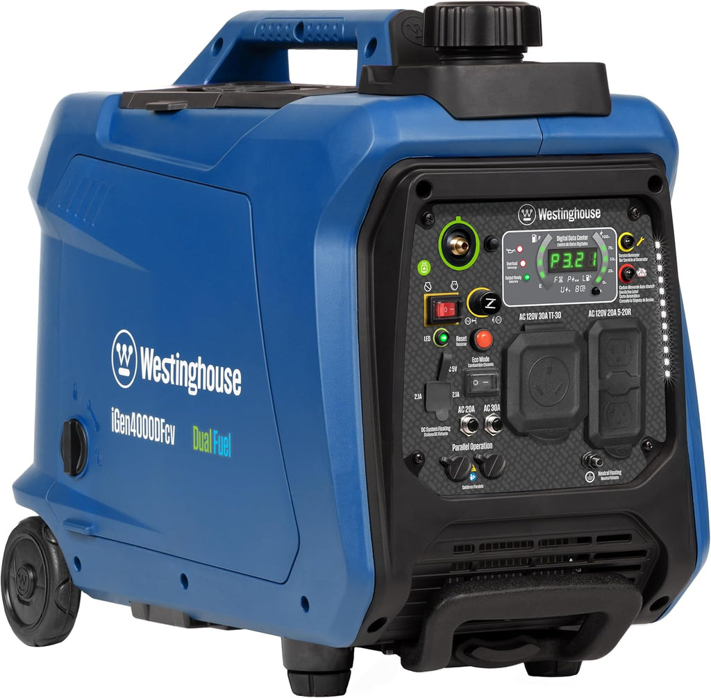 Westinghouse 4000 Peak Watt Super Quiet Dual Fuel Portable Inverter Generator, Wheel & Handle Kit, Gas & Propane Powered, RV Ready, CO Sensor, Parallel Capable
