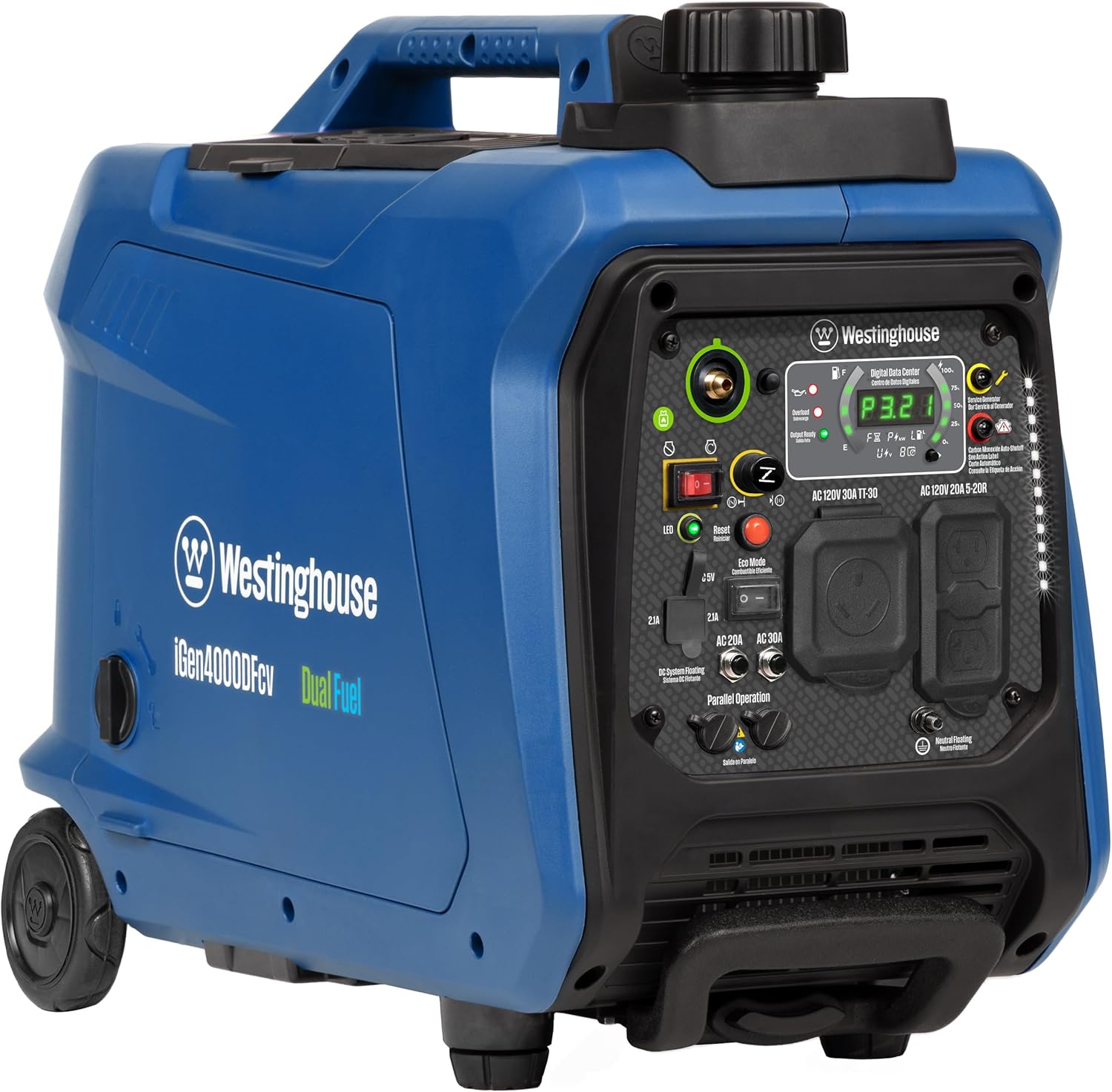 Westinghouse 4000 Peak Watt Super Quiet Dual Fuel Portable Inverter Generator, Wheel & Handle Kit, Gas & Propane Powered, RV Ready, CO Sensor, Parallel Capable