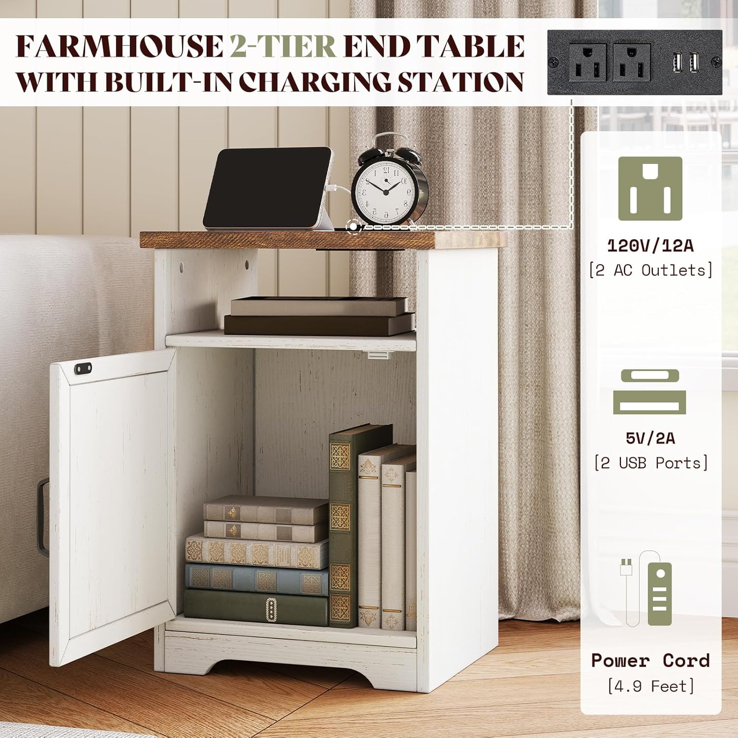 AMERLIFE 4-Piece Farmhouse Living Room Furniture Set with 66" TV Stand, Coffee Table & 2 End Tables, Barn Door Design, Large Storage Shelves, Built-in Charging Station & USB Ports, Distressed White