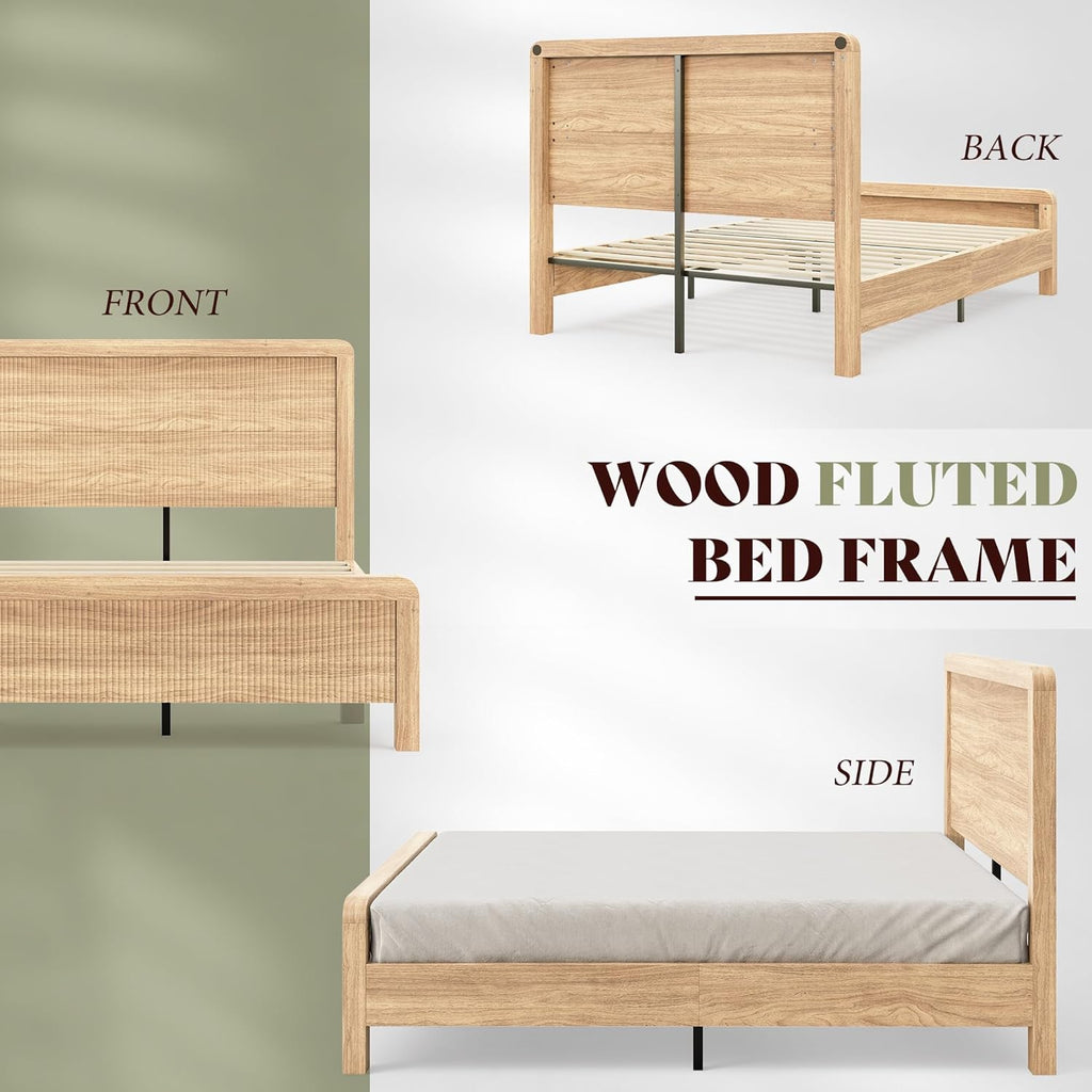 AMERLIFE Wood Queen Size Bed Frame with Headboard & Footboard, Modern Fluted Wooden Platform Bedframe with Rounded Safety Edges, Wood Slat Support, No Box Spring Needed, Easy Assembly, Natural Oak