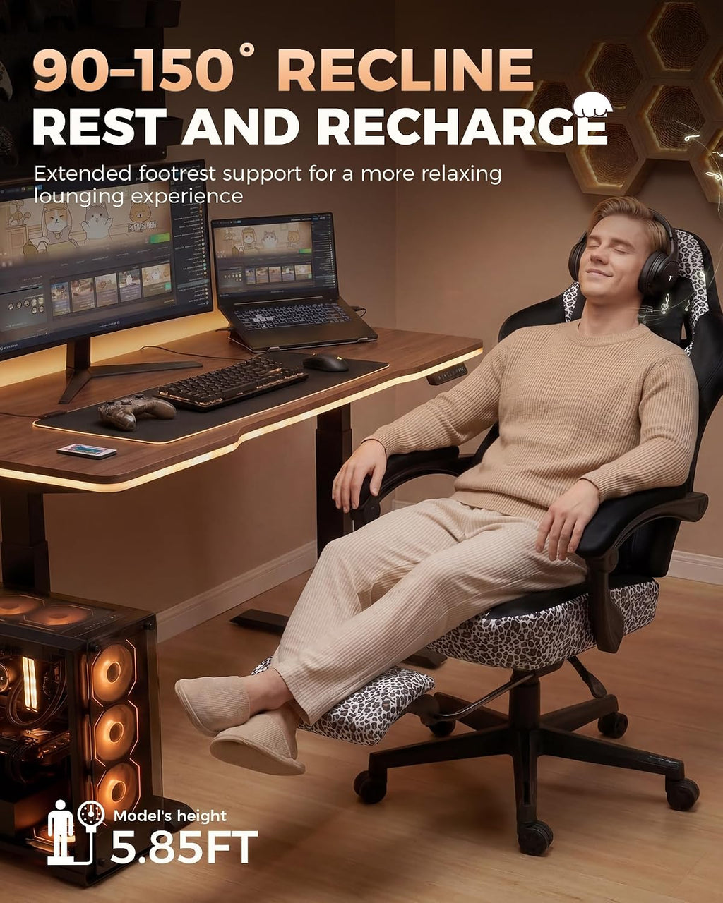 GTPLAYER Gaming Chair with Leopard Print Cat, Cute Velvet Fabric Ergonomic Office Chair with Footrest Headrest and Lumbar Support, Big and Tall Comfortable Video Gamer Chair for Women Gift