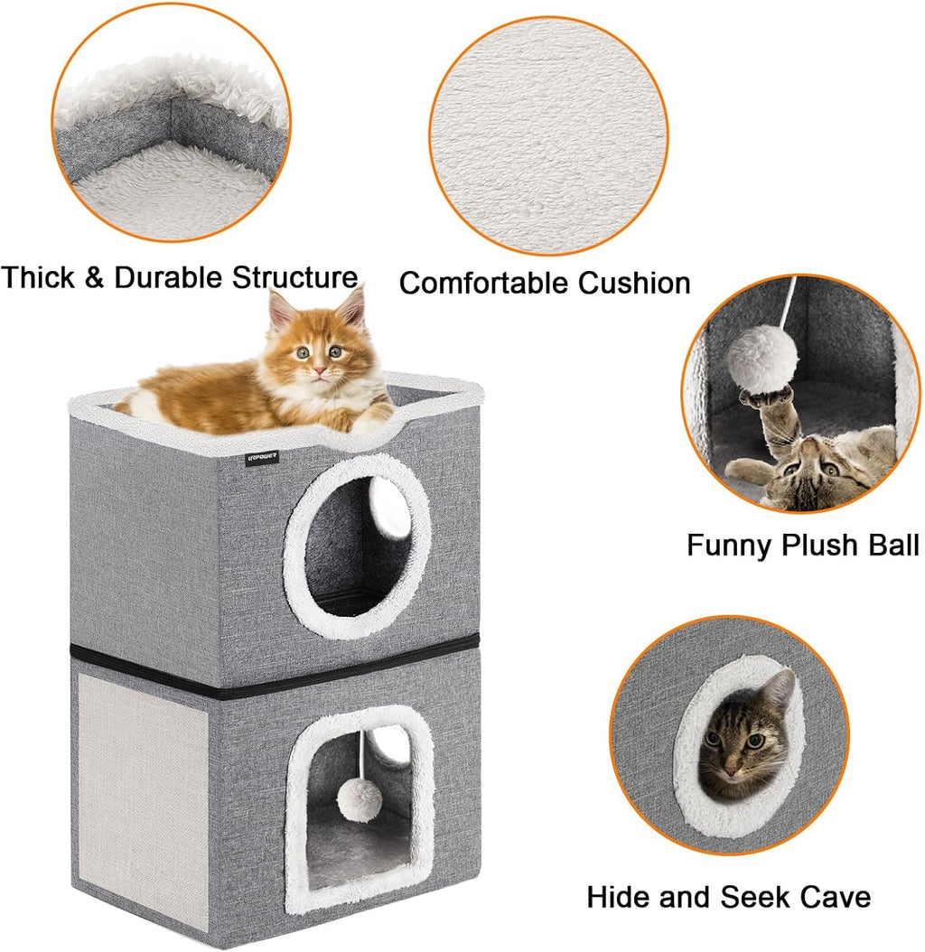 URPOWER 2 Story Cat Bed, Large Cat House for Indoor Cats Covered Cat Cave with Hideaway, Scratch Pad and Fluffy Ball, Foldable Cat Cube Condos Kitten Beds & Furniture for Multiple Small Pets