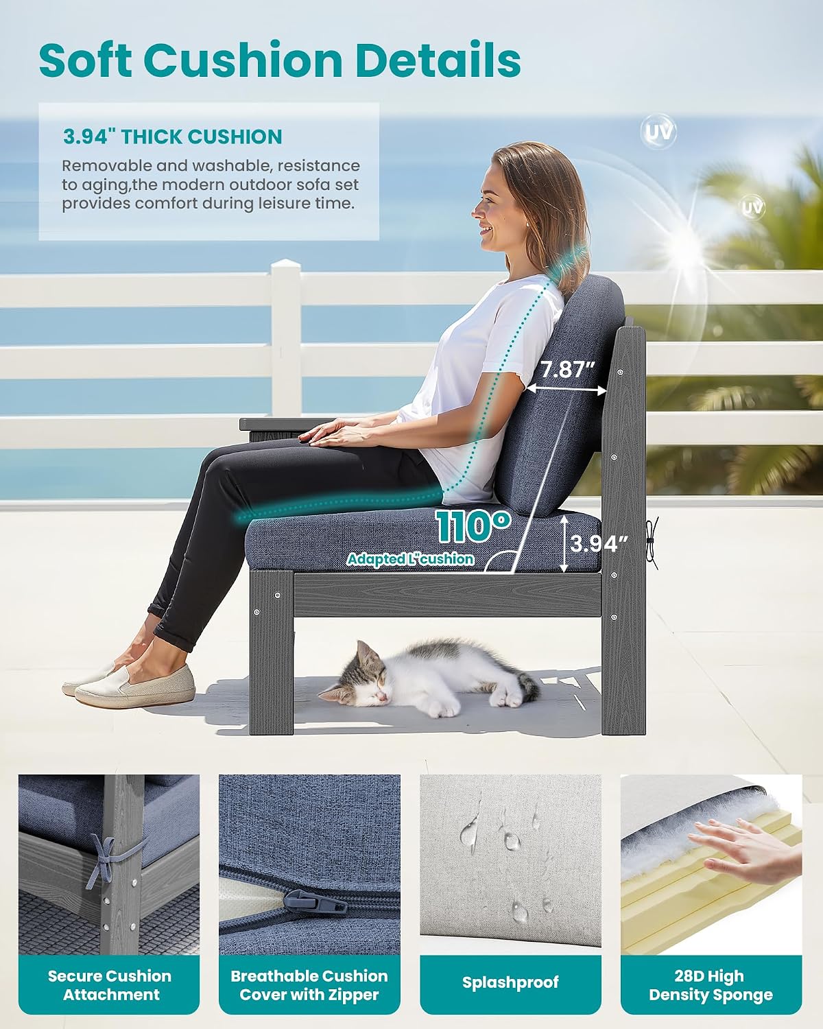 SERWALL HDPE Patio Loveseat Sofa, 2 Pieces Single Sofa, Weather-Resistant Outdoor Furniture Chair with Thick Removable Cushion, Balcony, Garden, Backyard, Poolside, Grey Frame with Grey Cushion