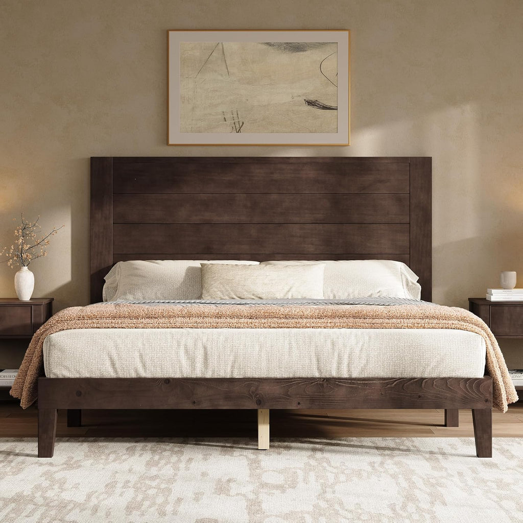 AMERLIFE Queen Size Bed Frame with 48" Tall Headboard, Mid Century Modern Solid Wood Platform Bed with Silent Wood Slat System, No Box Spring Needed, Under-Bed Storage, Dark Walnut