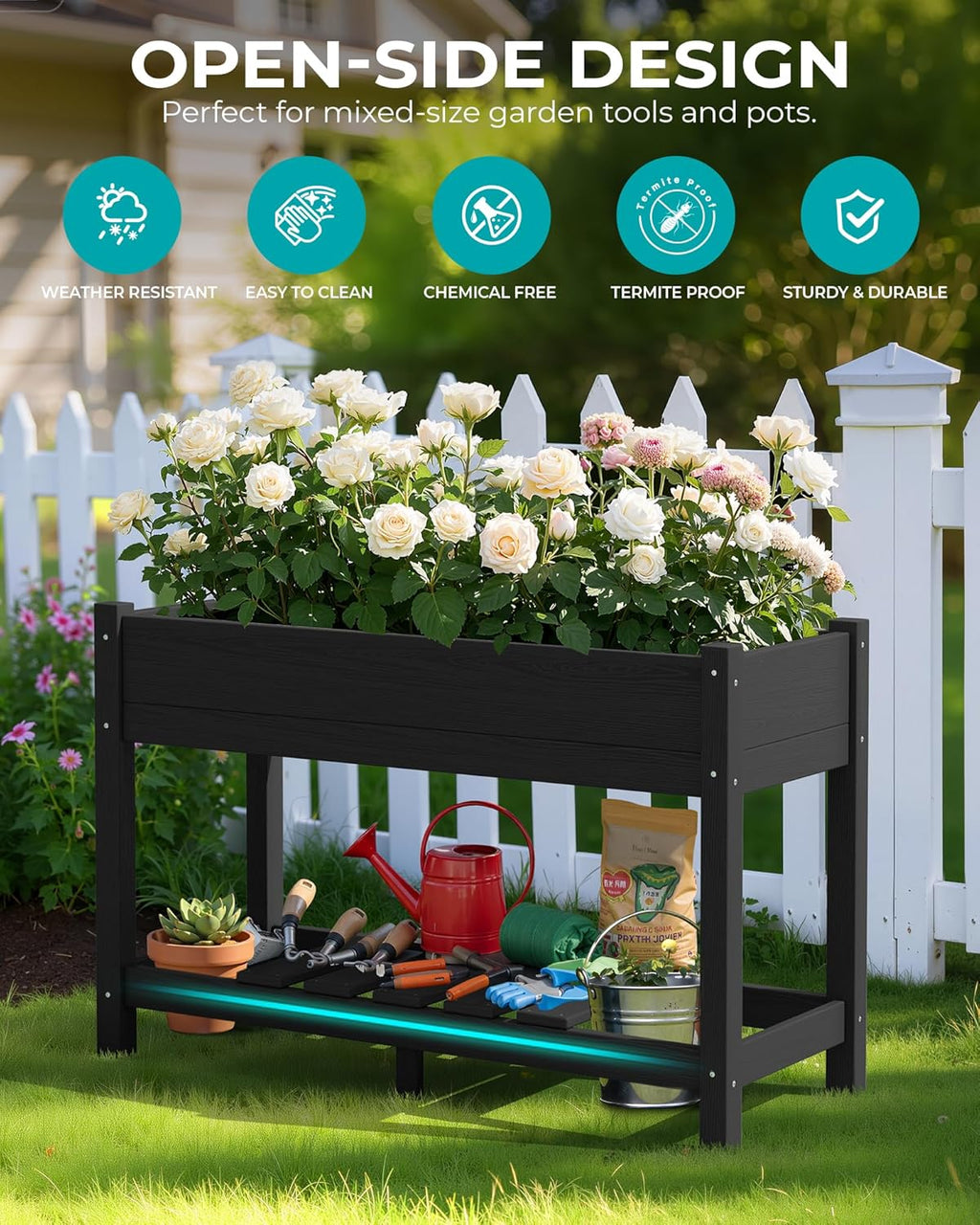 SERWALL Raised Garden Bed, Black, 43"×17"×30" | Large HDPE, Elevated Planter Box, For Vegetables Flower Herb, Patio, All Weather Use