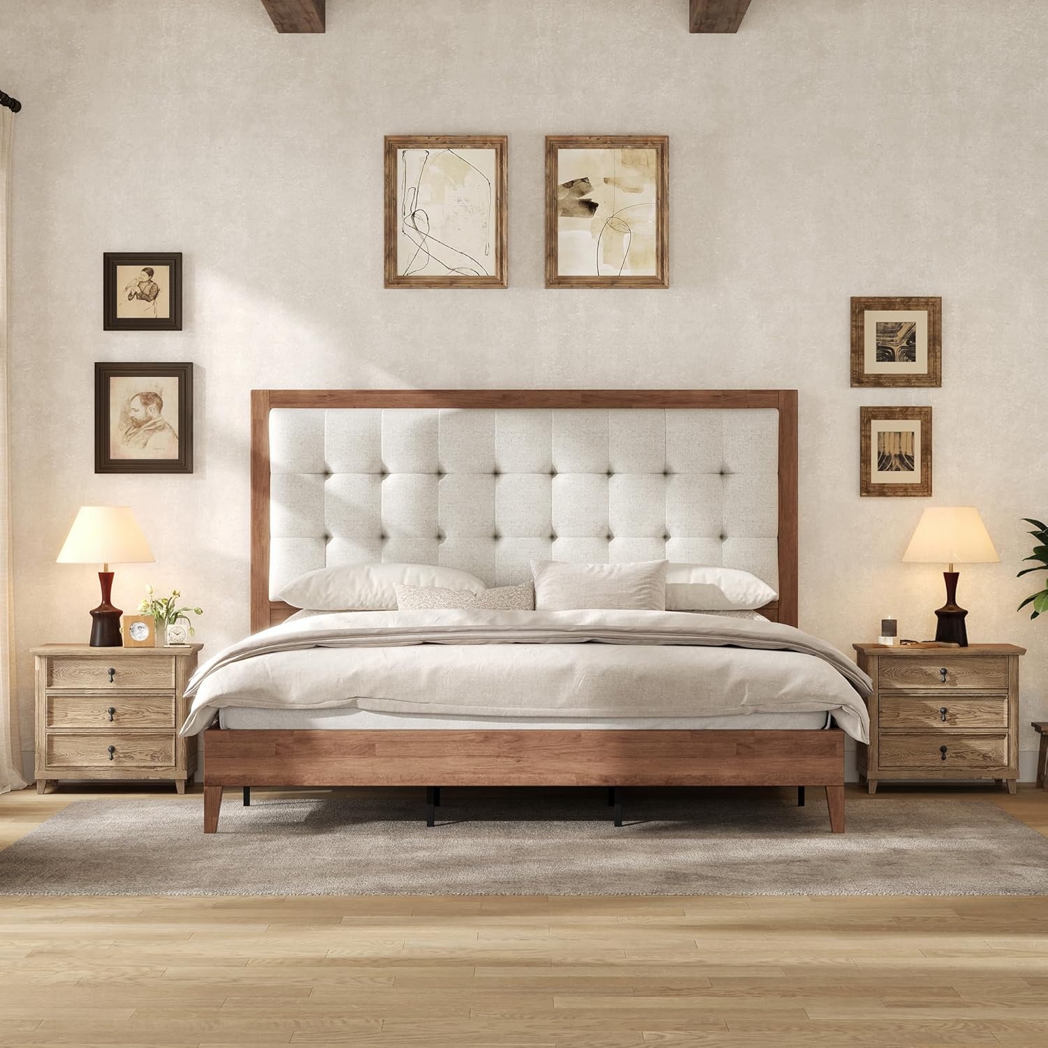 AMERLIFE King Size Bed Frame and Headboard, Solid Wooden Bed Frame King Size Platform Bed Frame Mid-Century Style, No Box Spring Required, Walnut