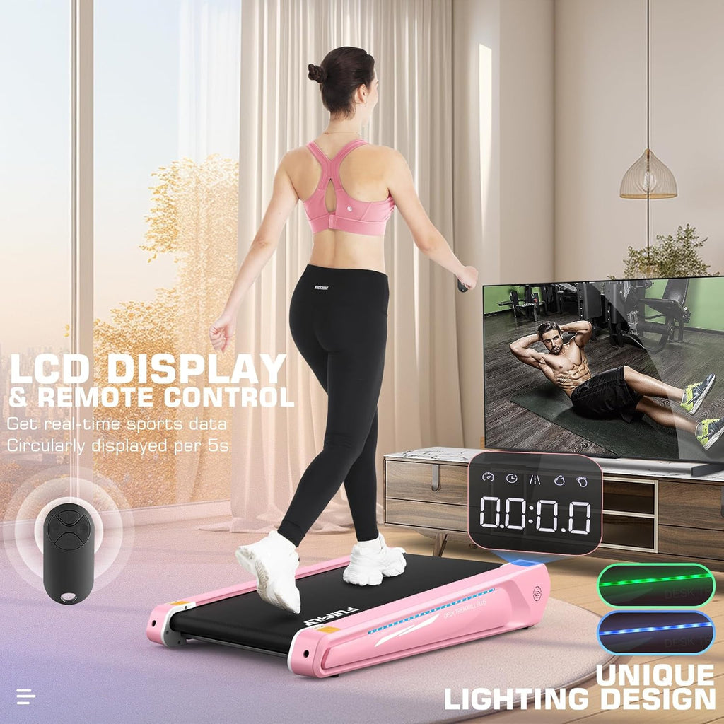 FUNMILY Smallest Walking Pad with 5% Incline, 2 in 1 Under Desk Treadmill for Home Office, 2.5 HP Mini Compact Walking Treadmill, Installation-Free/300lbs Weight Capacity/Unique Lighting Design