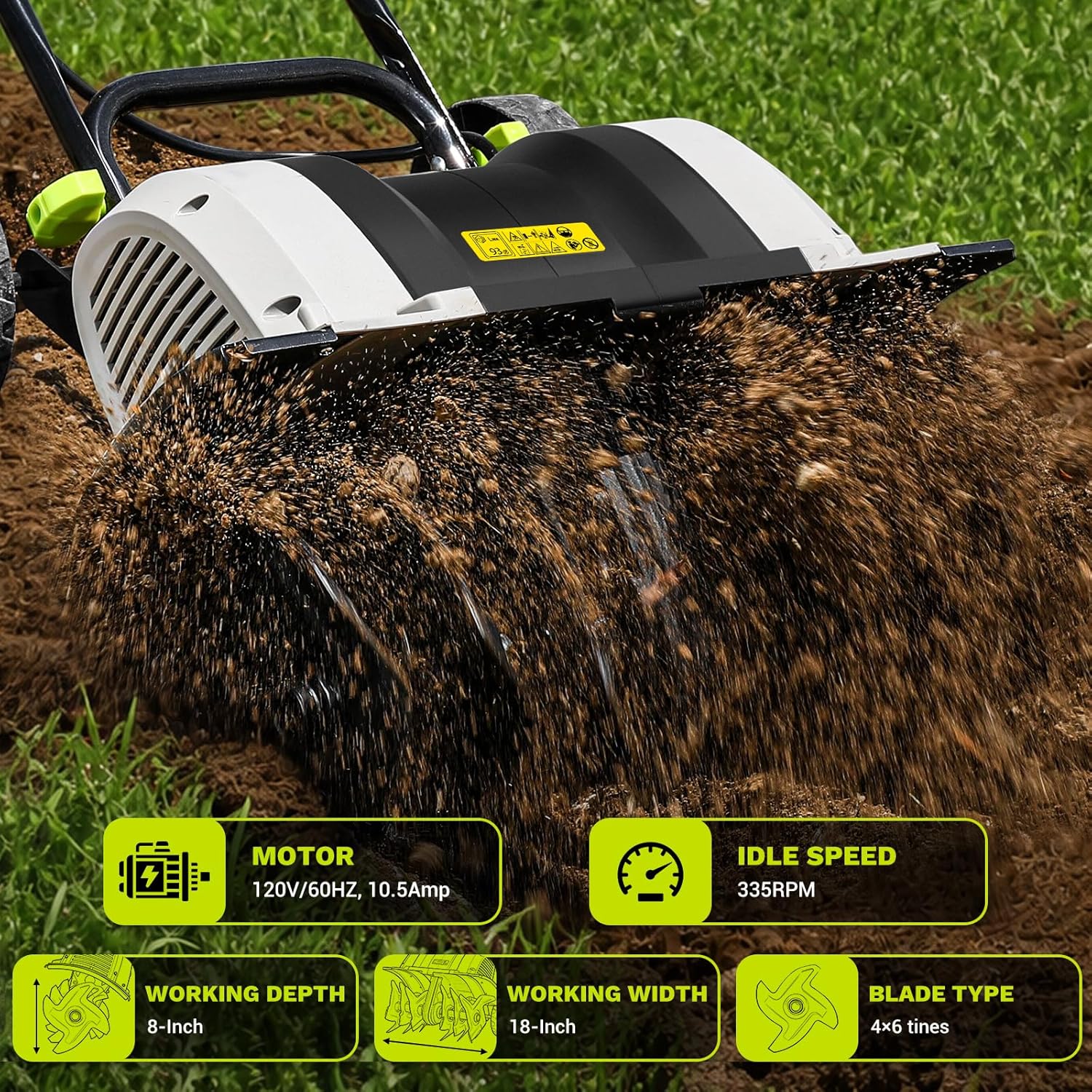 Cultivator Tiller for Gardening:18 Inch Electric Tiller with 6 Steel Tines, Corded 15 Amp Garden Rototiller for Soil Digging with Adjustable Wheels DEKOPRO