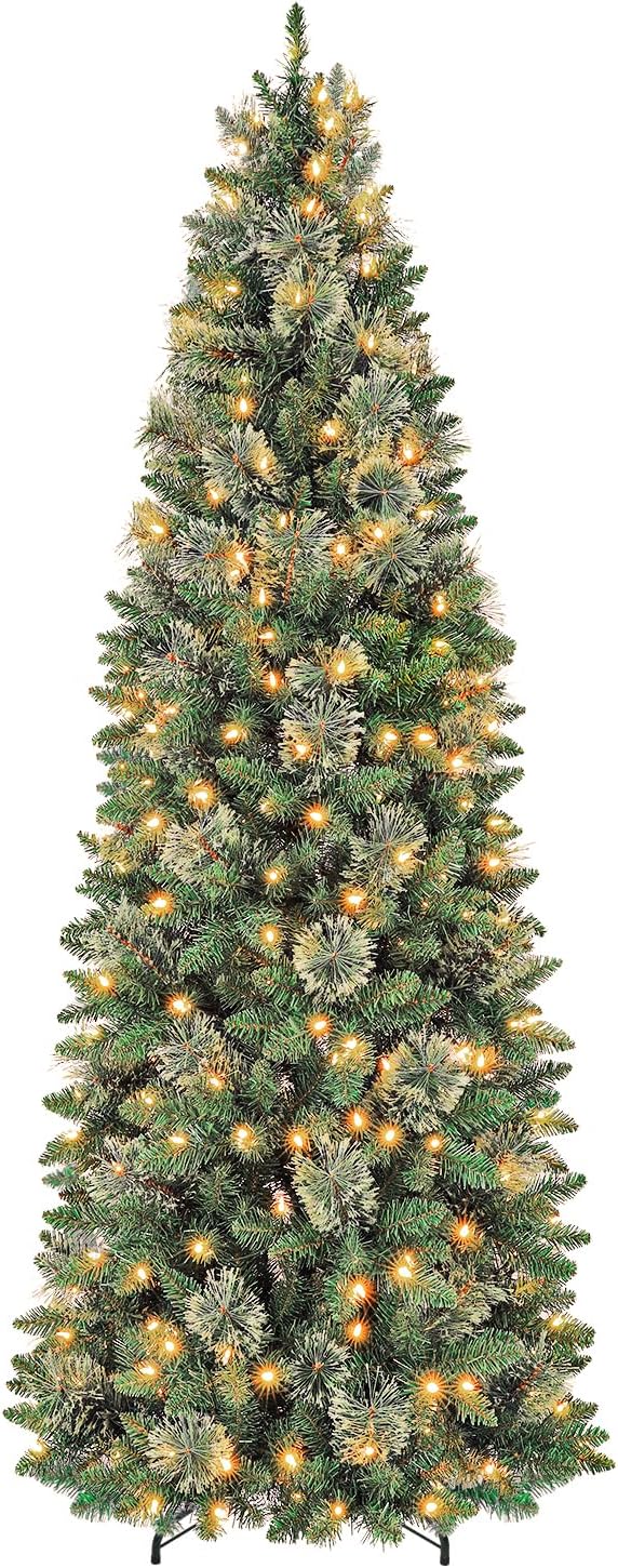 6 ft Lighted Pencil Slim Christmas Tree, Artificial Christmas Tree with 200 Warm White LED Lights, 544 PVC Tips, Foldable Metal Stand and Hinged Branches for Decor, Party