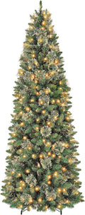 6 ft Lighted Pencil Slim Christmas Tree, Artificial Christmas Tree with 200 Warm White LED Lights, 544 PVC Tips, Foldable Metal Stand and Hinged Branches for Decor, Party