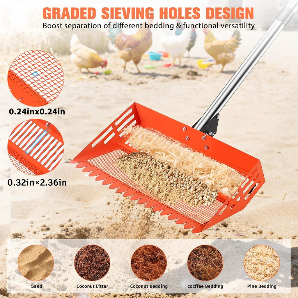 15/10'' Chicken Poop Scooper & Rake,4 IN 1 Chicken Coop Scoop with 2 Large Metal Shovel Heads,Chicken Coop Scooper for Sand,Chicken Scoop with Long Handle,Sifting Shovel for Chicken Coops(37 to 65in)