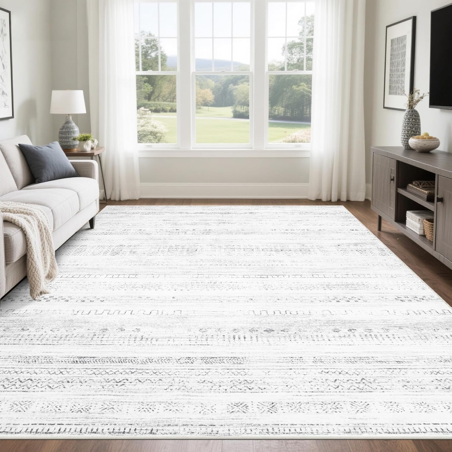 Srugn Washable Area Rug for Living, Bedroom & Dining Room, Ultra Soft Faux Wool Retro Large Carpet, Non-Slip/Shedding Low Pile Vintage Print for Home Office Decor, Beige Ivory Cream Brown Camel, 5x7