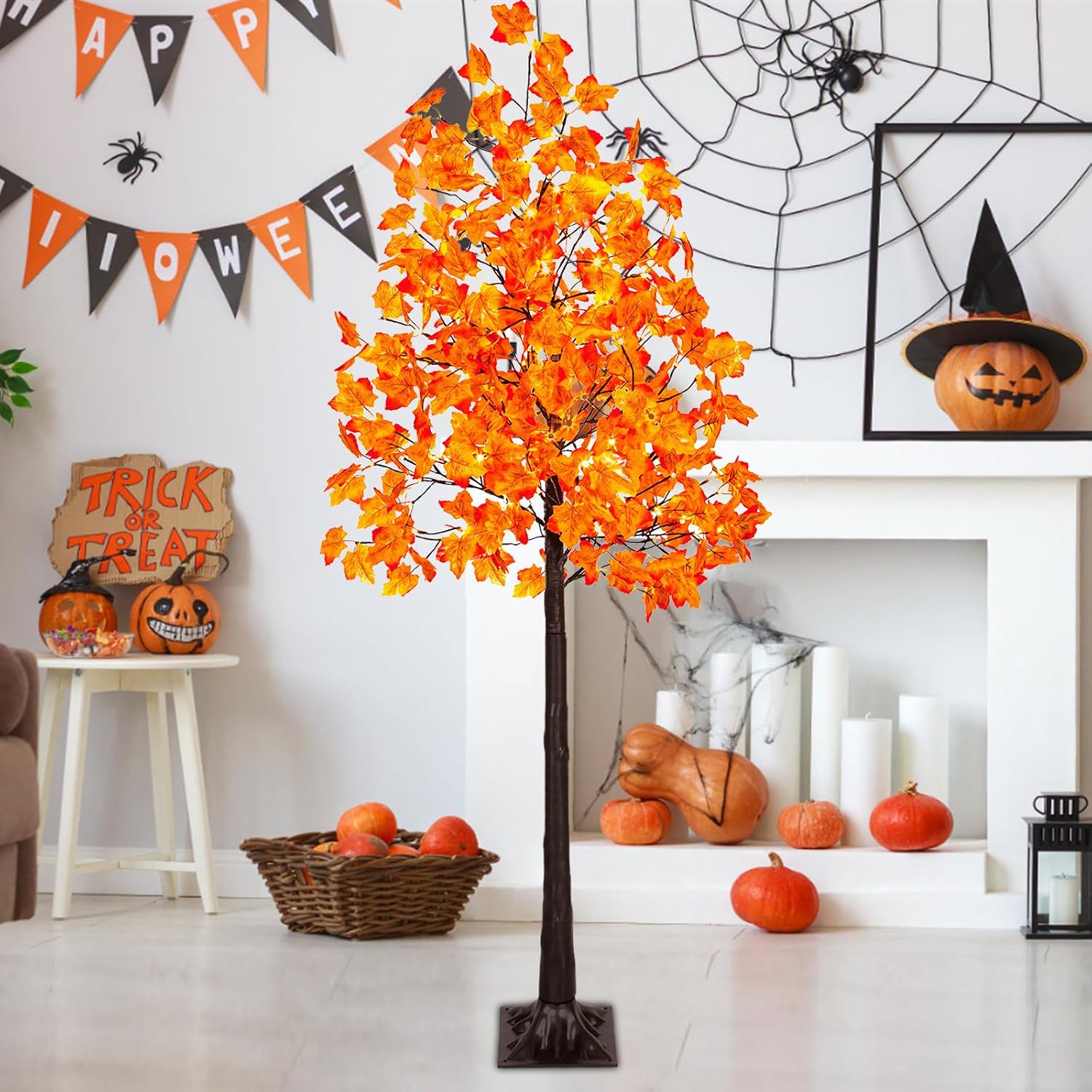 VIVATREES 6FT Artificial Lighted Maple Tree, 120LED Fall Tree with Warm White Lights and Maple Leaves for Halloween, Thanksgiving, Autumn Harvest Outdoor Indoor Home Decor, Orange