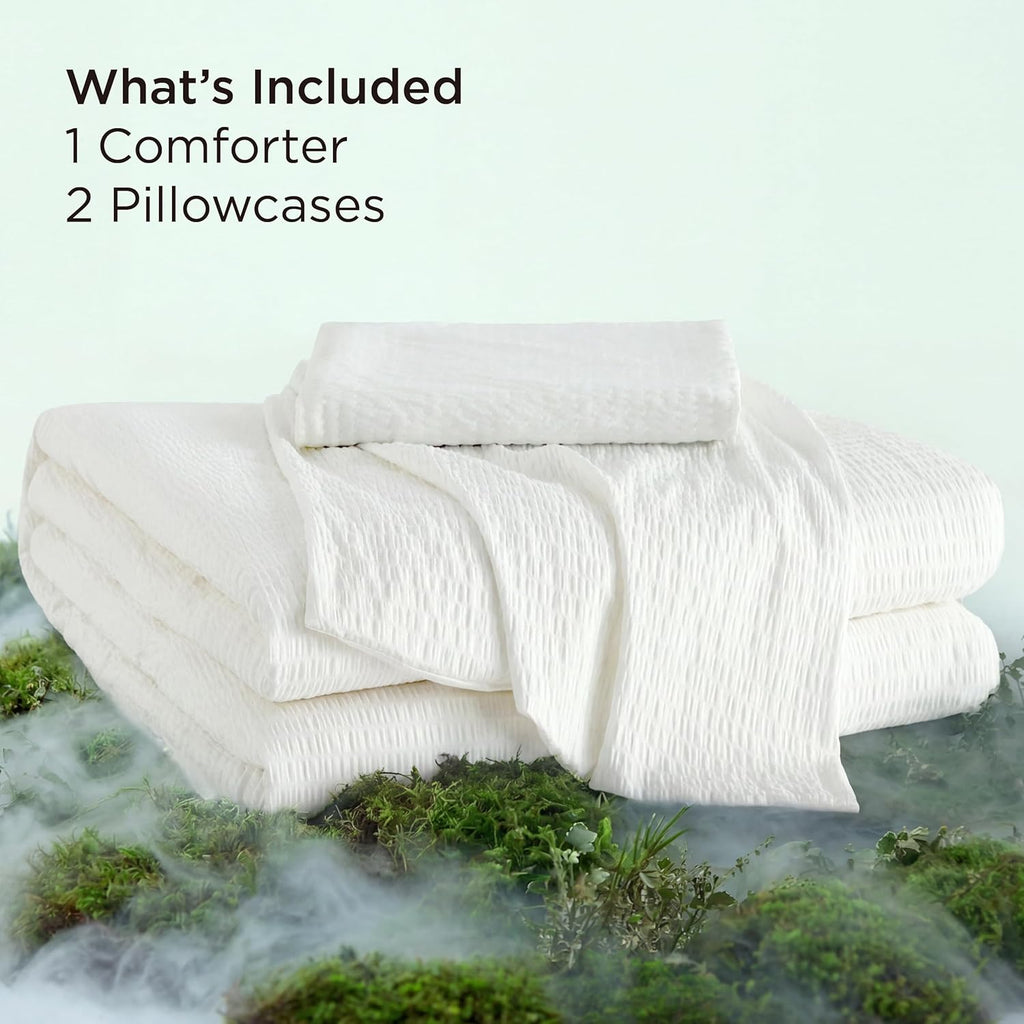 Bedsure SleepEase Cooling Comforter King Size for Summer, 3 Pieces White Seersucker Cooling Comforters for Hot Sleepers, Double-Sided Cool Tech Bedding Set with 1 Breathable Comforter, 2 Pillowcases