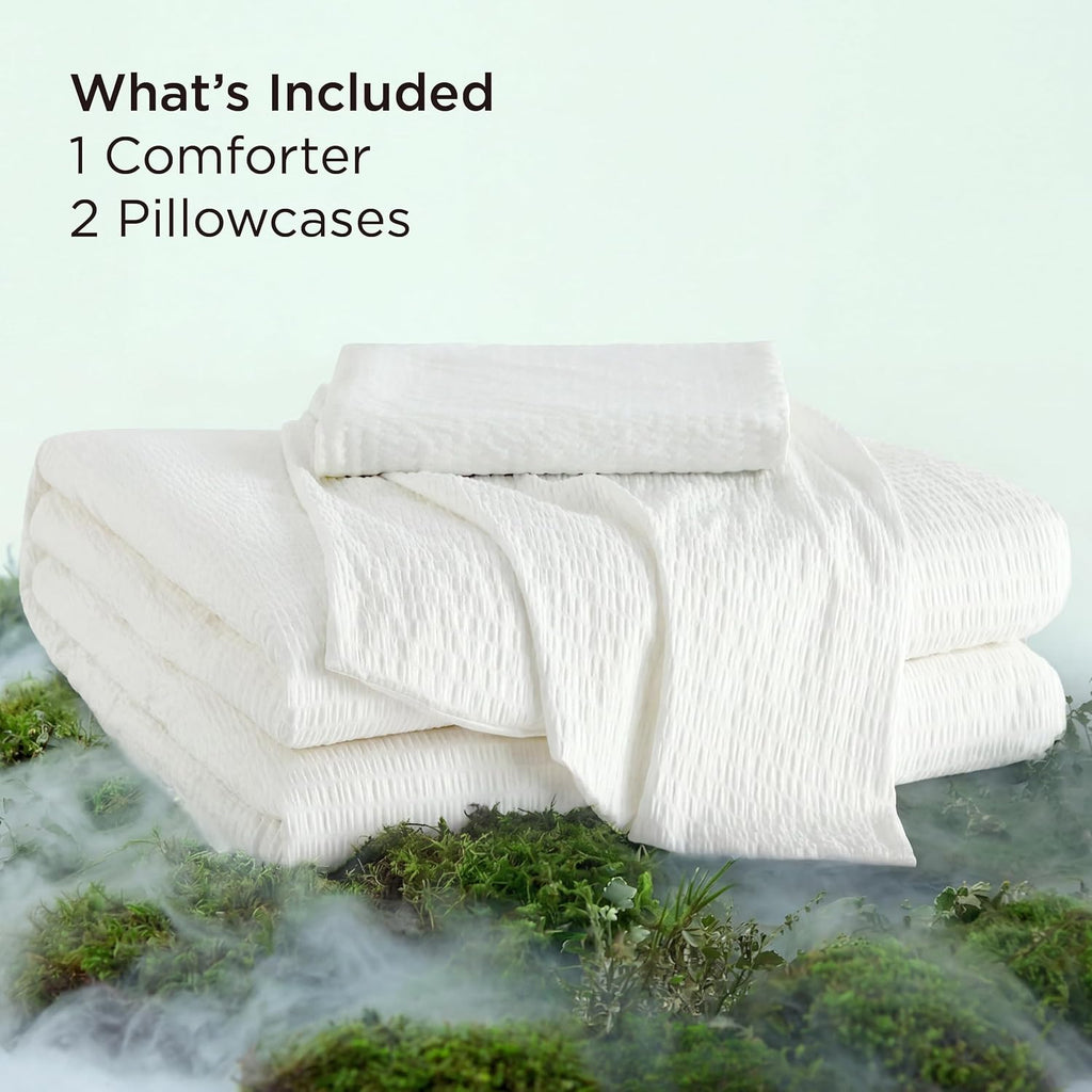 Bedsure SleepEase Cooling Comforter King Size for Summer, 3 Pieces White Seersucker Cooling Comforters for Hot Sleepers, Double-Sided Cool Tech Bedding Set with 1 Breathable Comforter, 2 Pillowcases