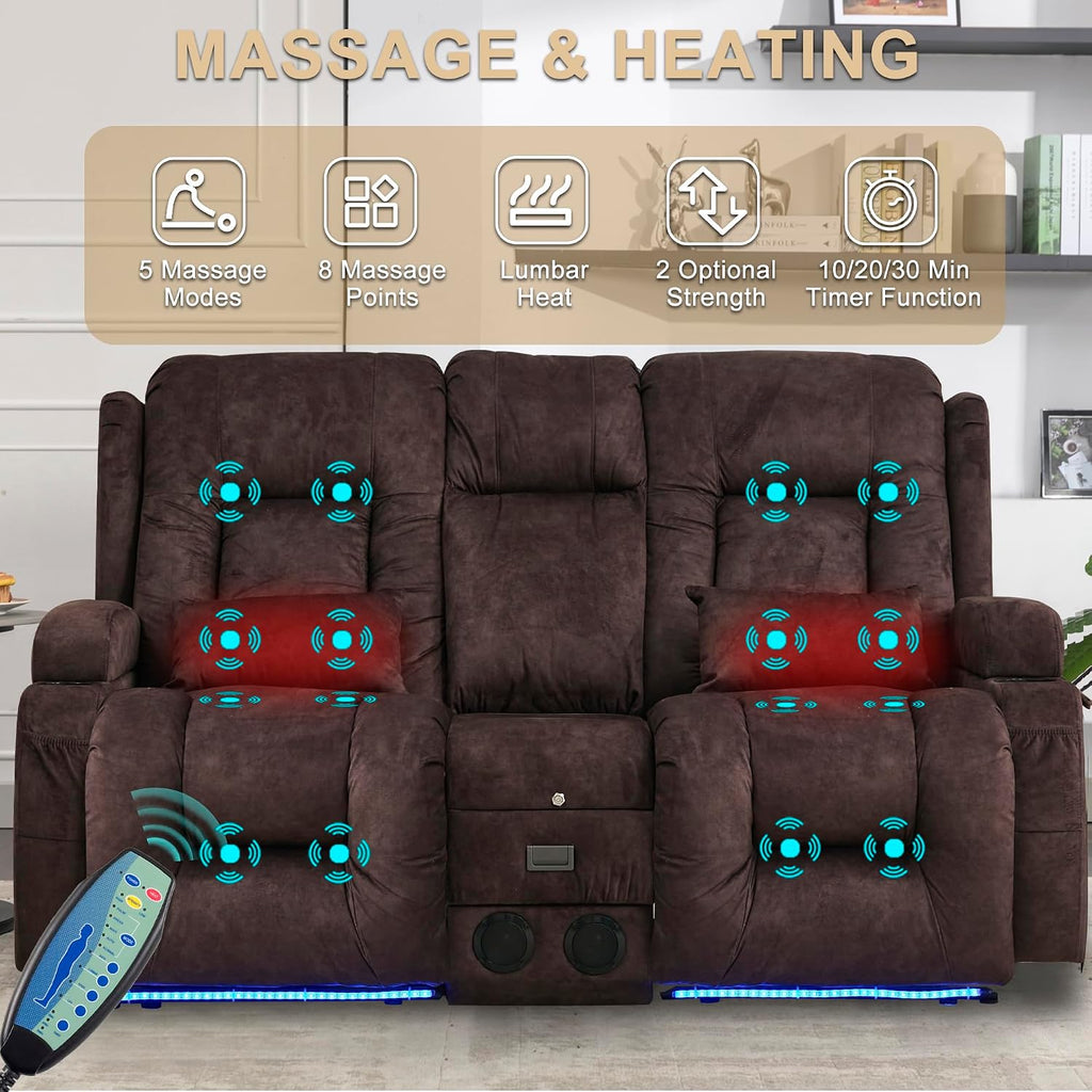 URRED Power Loveseat Recliner Sofa with Massage and Heat, Wall Hugger Reclining Loveseat with Console, RV Couch Home Theater Seating with LED Lights for Living Room (Brown, 67" - 2 Seats)