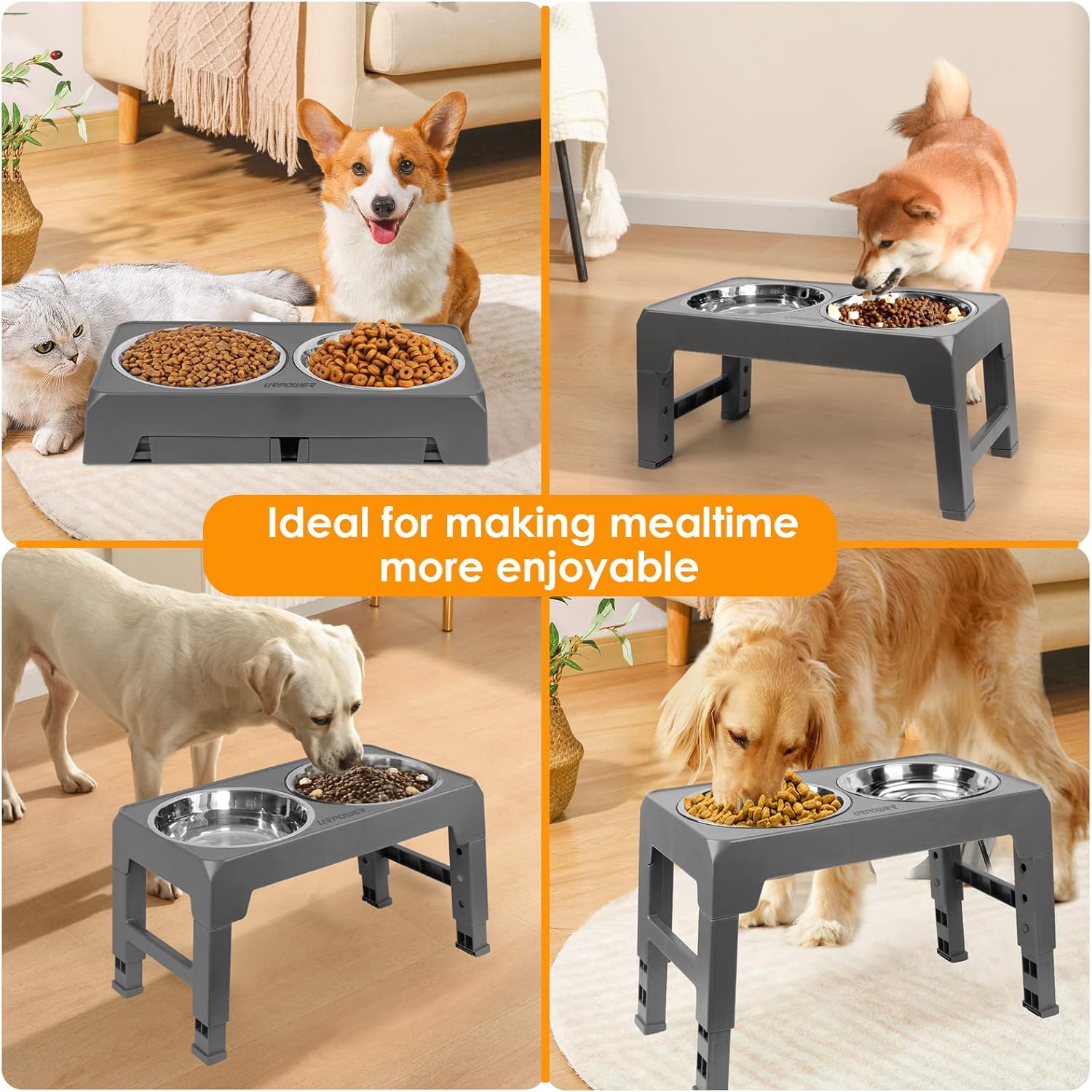 URPOWER Raised Dog Bowls 4 Height Adjustable Elevated Bowl Stand with Stainless Steel Water Bowl Non-Slip Dog Food Bowls Stand for Small Medium Large Dogs and Pets