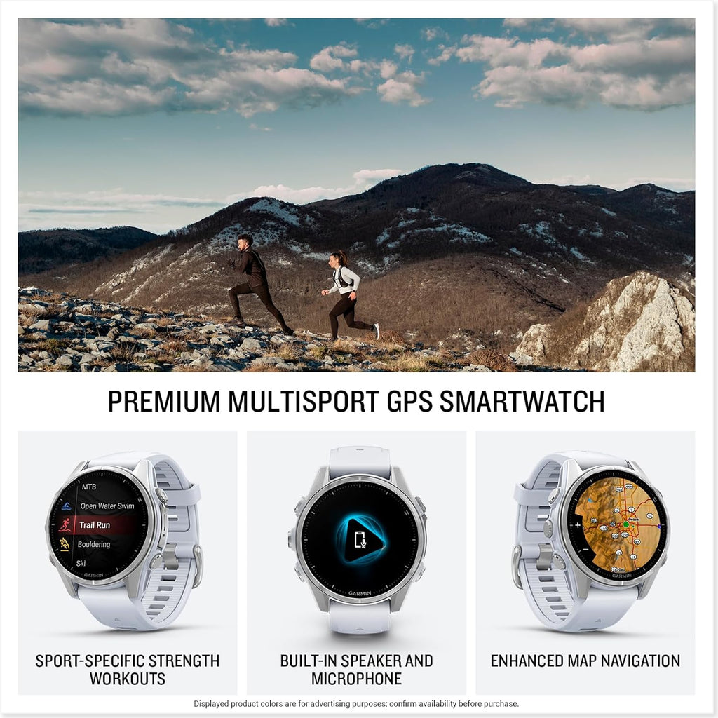 Garmin fēnix® 8 – 43mm, AMOLED, Premium Multisport GPS Smartwatch, Long-Lasting Battery Life, Dive-Rated, Built-in LED Flashlight, Silver with Whitestone Band