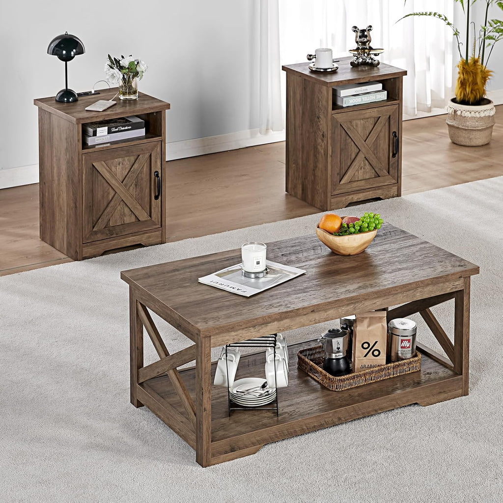 AMERLIFE 5-Piece Farmhouse Table Set Includes Fireplace TV Stand, Coffee Table& Two End Tables with Charging Station and USB Ports, for Living Room, Barnwood