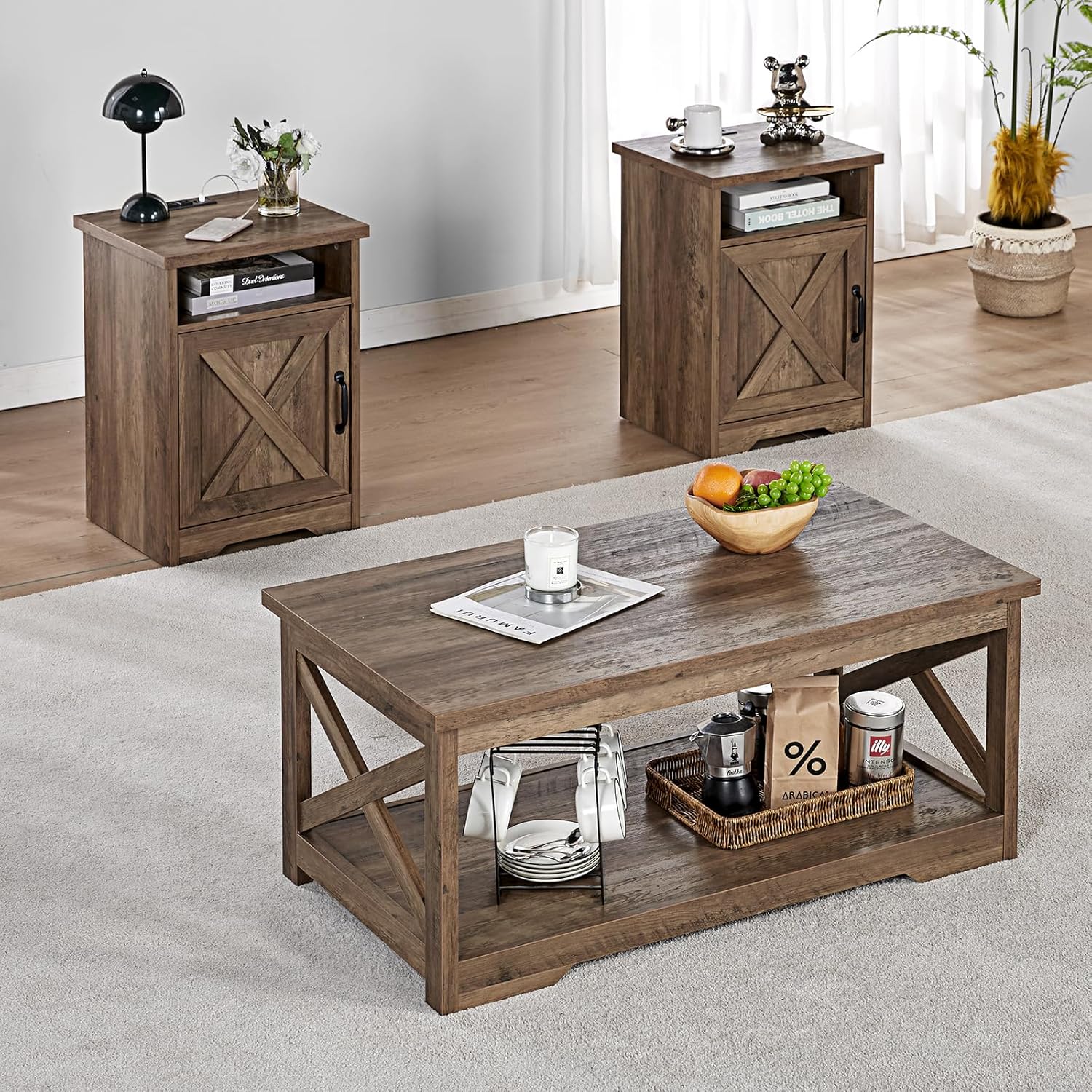 AMERLIFE 5-Piece Farmhouse Table Set Includes Fireplace TV Stand, Coffee Table& Two End Tables with Charging Station and USB Ports, for Living Room, Barnwood
